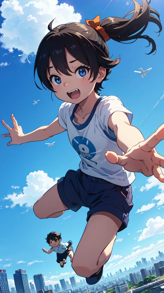 Anime style,Summer sky、Into the cloud、1boy,Little Boy,Boy climbing a large oak tree towering over a hill。Cheerful boy。Tank Tops、breeches、sneakers、Clinging to a large tree and looking up at the sky。boy focus