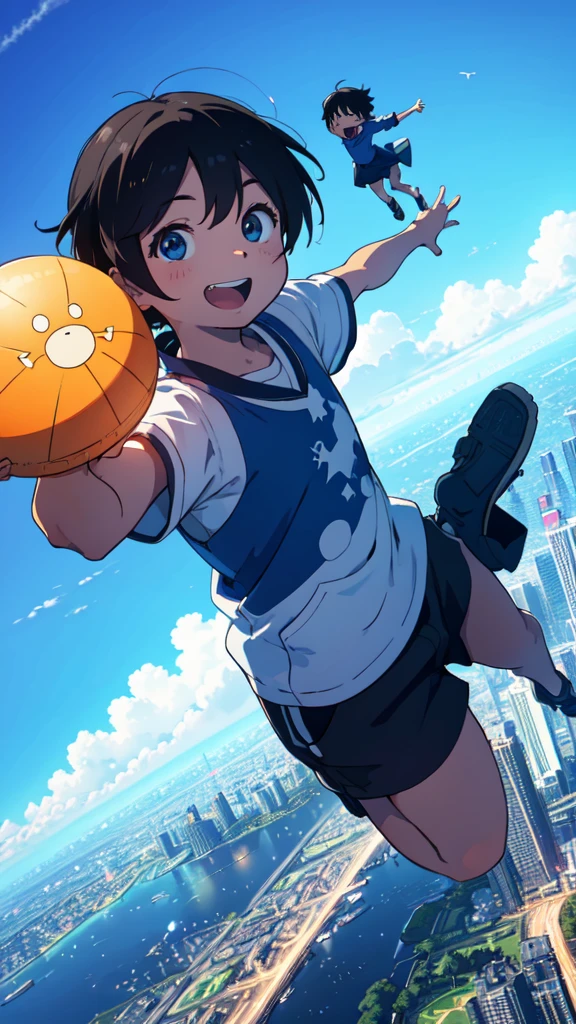 Summer in Tokyo, little monster and in shorts flying over blue sky, mysterious world, dynamic pose, happy expression, looking down from the sky