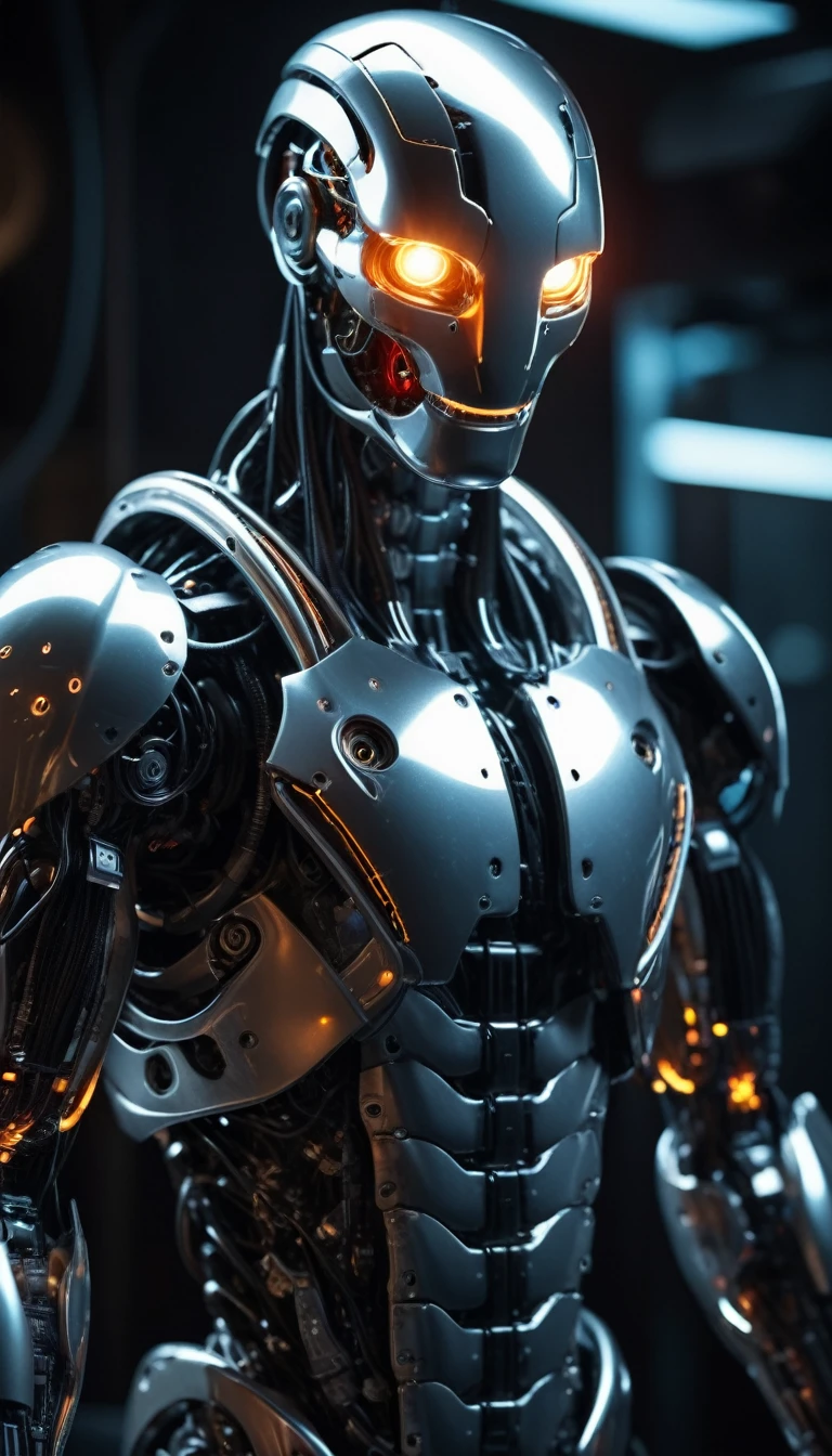 Translucent movie stills (Cybernetic robot snake:1.5), (Glowing Veins:1.3) (The cable enters the body, circuit:1.3), Very detailed, Vignette, Very detailed, High budget, Bokeh, Sulky, amazing, nice, Film Grain, granular