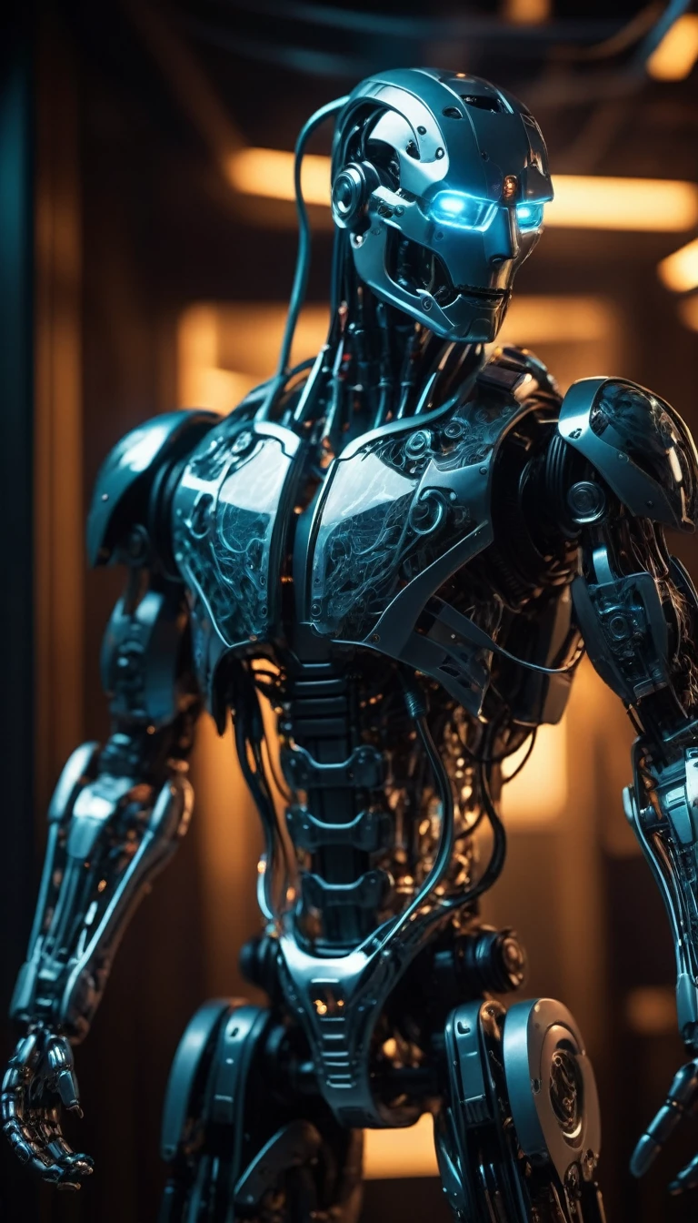 Translucent movie stills (Cybernetic robot snake:1.5), (Glowing Veins:1.3) (The cable enters the body, circuit:1.3), Very detailed, Vignette, Very detailed, High budget, Bokeh, Sulky, amazing, nice, Film Grain, granular
