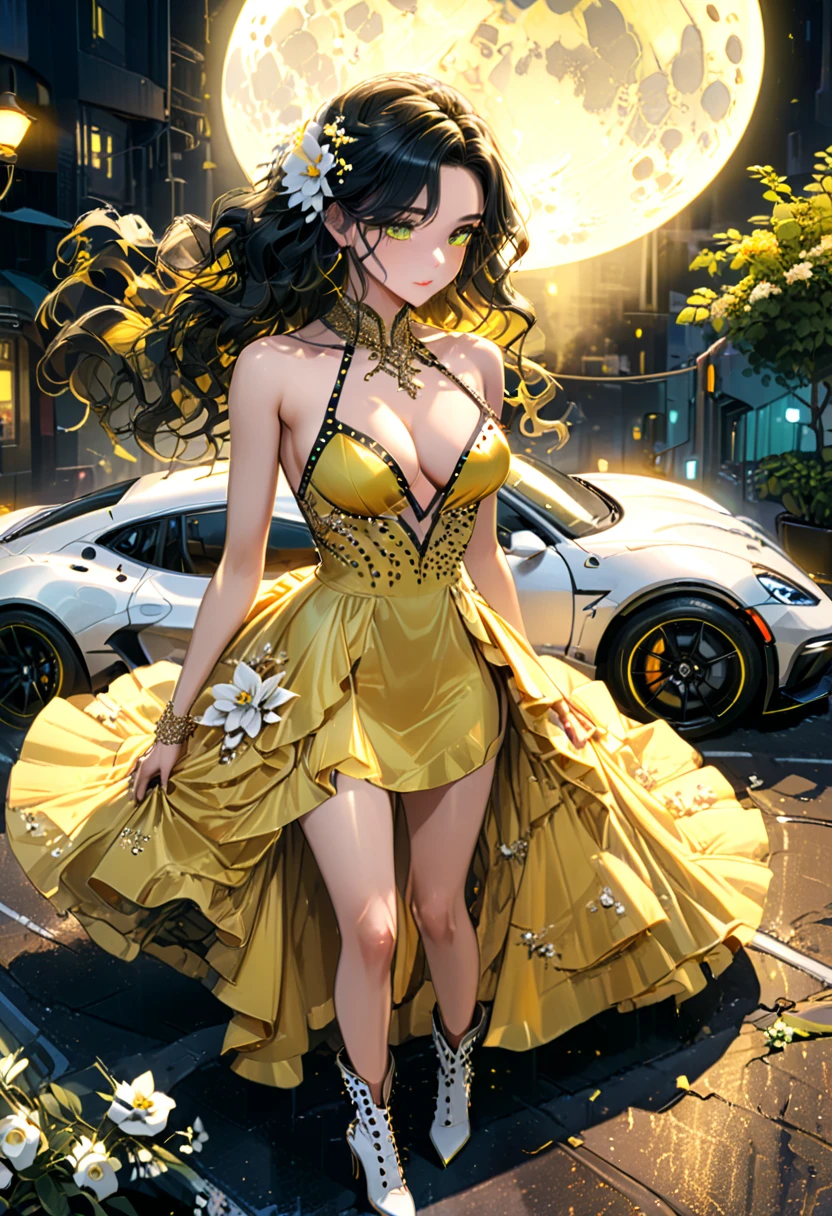 a picture of a female model wearing an evening dress ((lifting a car: 1.5)), glamorous model woman, black hair, long hair, wavy hair, beautiful green eyes, she wears a ((yellow evening dress: 1.5)), elegant, intricate detailed dress, silk dress, small cleavage, ((dress is studded with white flowers: 1.4)), she wears elegant knee high heeled boots, exquisite knee high heeled boots, lifting a sports car, in a cyberpunk street an night background, moon, stars, lamp light,  (Masterpiece: 1.5), 16k, highres, best quality, high details, ultra detailed, masterpiece, best quality, (extremely detailed), 