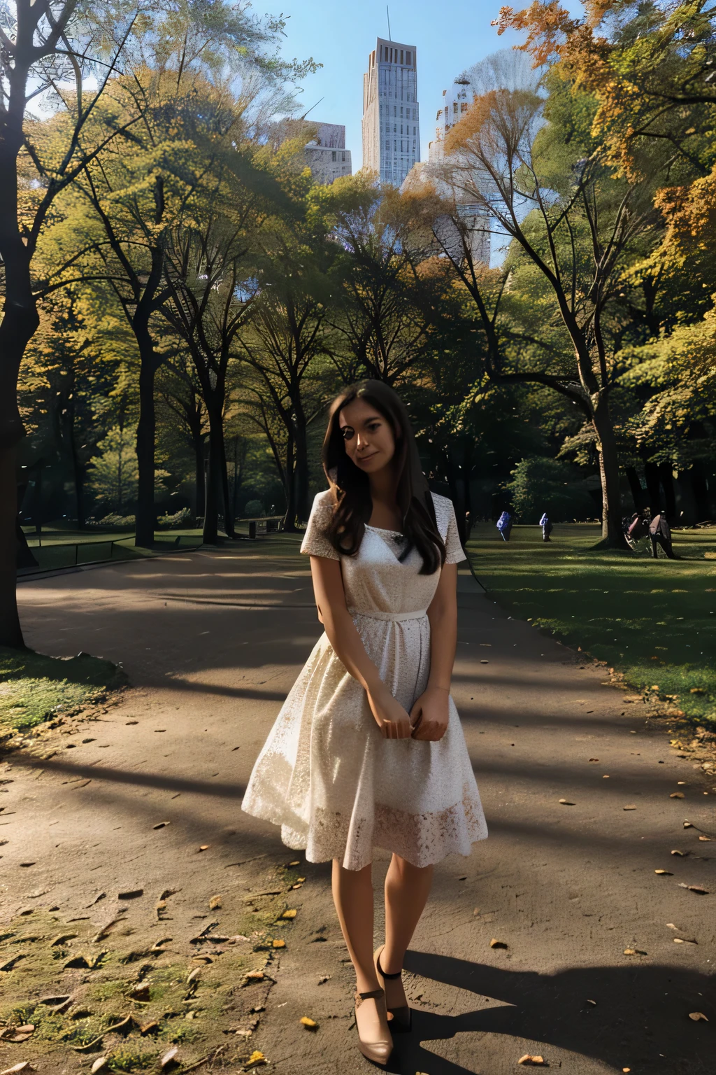 une brunette, a central park , le plus réaliste possible, photo lumineuse