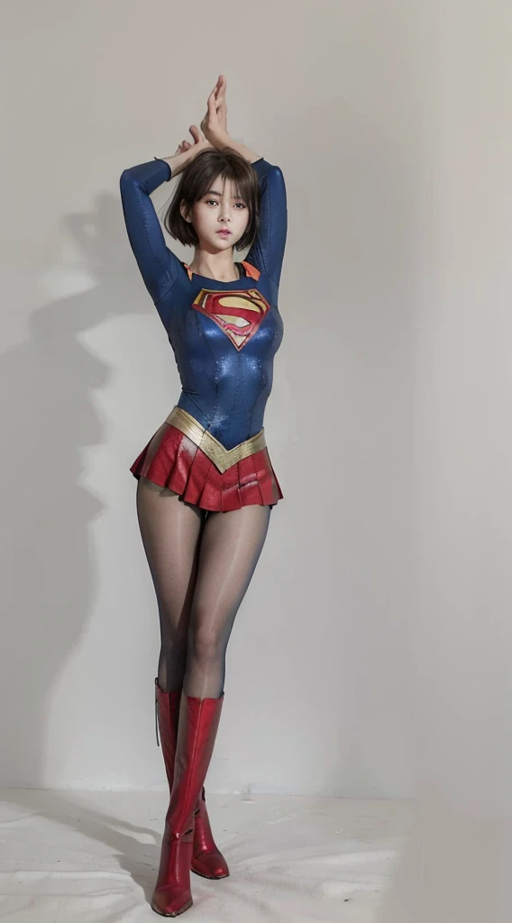 No background、extinct、She always has a troubled look on her face、Always close your eyes、Keep your arms up at all timesおく、Keep your arms up at all times、(((Beautiful legs in black tights.)))、(((Stretch your legs、expensive、あなたのsufferingを合法的に表現する)))、((((Make the most of your original images)))、(((Supergirl Costume)))、(((Short Hair、Beautiful short bob hair)))、(((suffering)))、(((Black tights legs、Wear red boots)))、((Best image quality、8K))、((Highest quality、8K、masterpiece:1.3))、(((Preserve background )))、Sharp focus:1.2、Beautiful woman with perfect figure:1.4、Slim Abs:1.2、Wet body:1.5、Highly detailed face and skin texture、8K