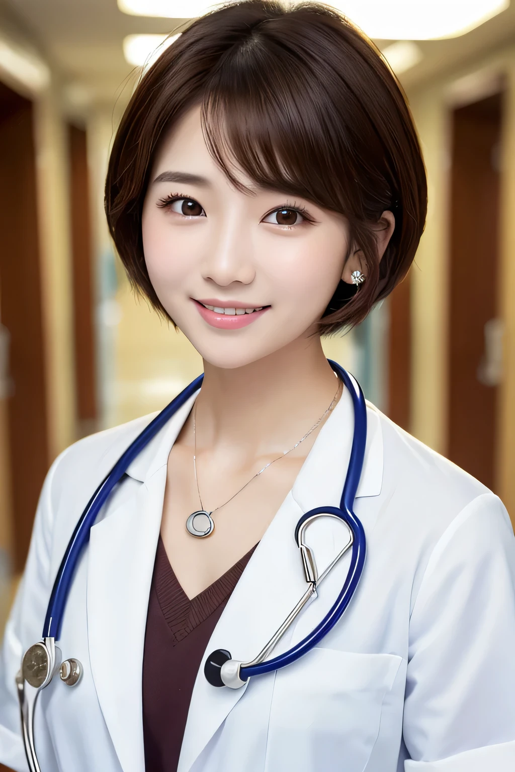Beautiful young woman、 Korean women、Brown Hair、Necklace around the neck、White、Stethoscope、Short Haircut、smile、Open your mouth a little、Intricate details, Very detailed:1.2), 、 Looking into the camera,The background is the corridor of the hospital.、ear piercing