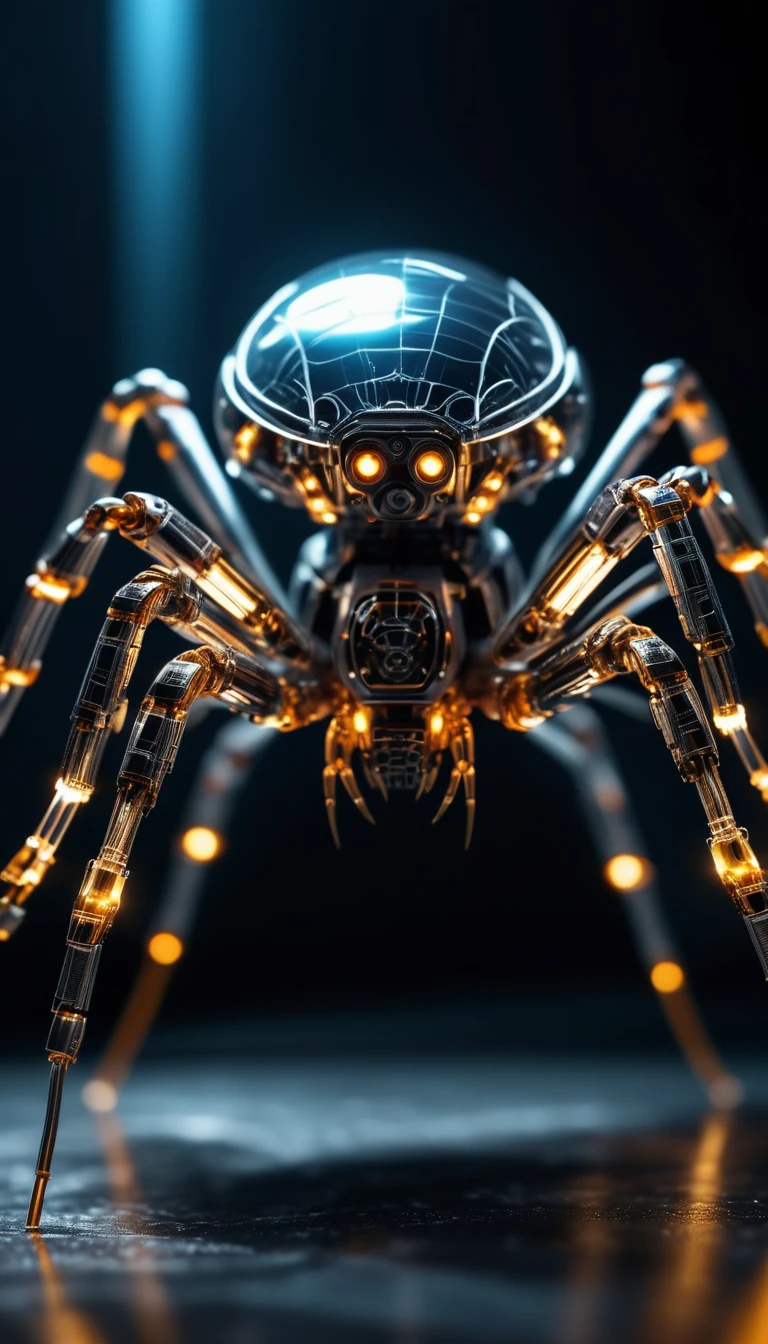 Translucent movie stills (Cybernetic robot spider:1.5), (Glowing Veins:1.3) (The cable enters the body, circuit:1.3), Very detailed, Vignette, Very detailed, High budget, Bokeh, Sulky, amazing, nice, Film Grain, granular