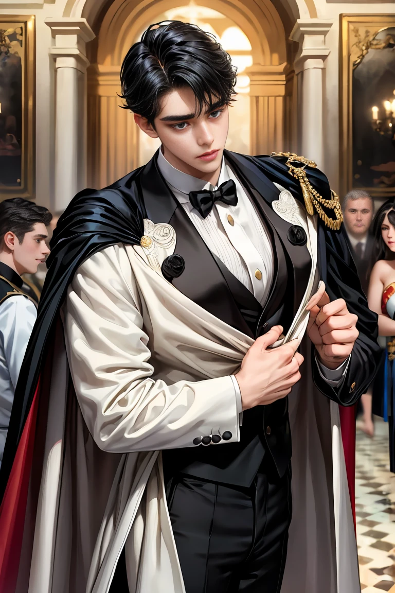 
masterpiece, 最high quality, high quality, 1 boy, alone, Male focus, Watching the audience,  Messy black hair, Adorable big blue eyes, White people, Noble, Noble,Sexy voluminous cape、Tuxedo、A very voluminous, large, very large, very large, long, long red and black cape with a high stand-up collar, reaching down to the floor, made of a lot of fabric., 17 years old,Cute beautiful boys,Cute, cute, kind, handsome guy