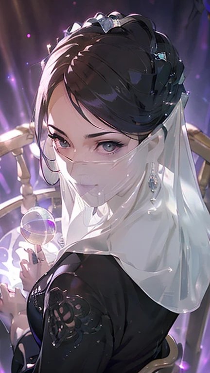 Mature Woman,((Female fortune teller)),(((A veil covering the mouth,Long gloves,latex))),(Detailed Description, High resolution，8k wallpaper，masterpiece，Highest quality,Depth of region,Anatomically accurate depiction,A face with attention to detail, Eye for detail,Nice hands, Perfect Fingers,(A seductive smile),eyelash,(Unfocused pupils),There is cleavage in the chest,(From above:1.1),Perfect body,Purple lips,Shadow,Villainess,background：Inside a dimly lit church,(((Sitting in a chair,Holding a round crystal ball with both hands that emits an absorbing black light))),front