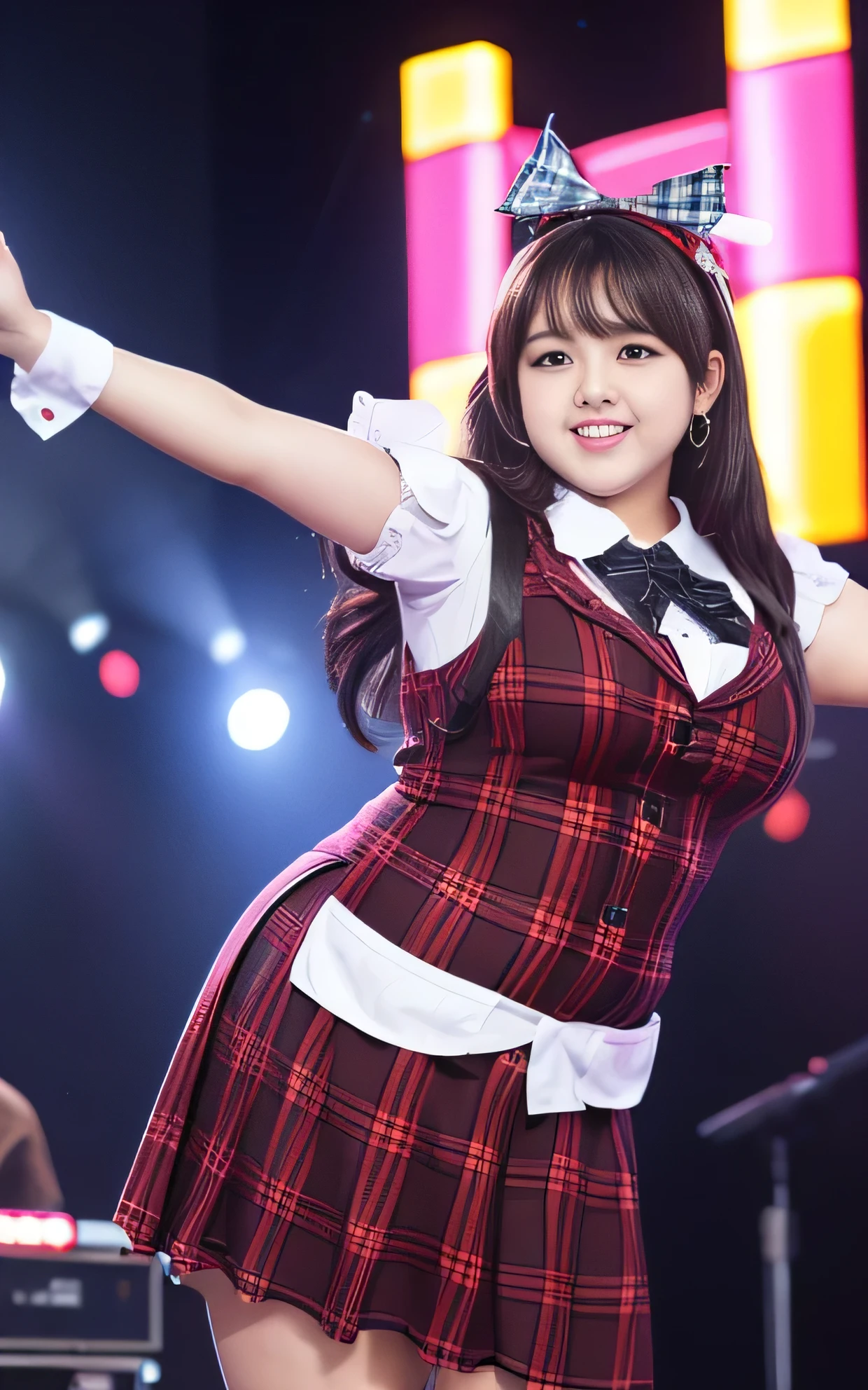 ((8K)), highest quality, 超High resolution, (Surreal)、(High resolution), 1 girl, idol, ((plaid idol costume)), Overweight, extremely fat, ((Chubby)), stage, ((leaning forward))