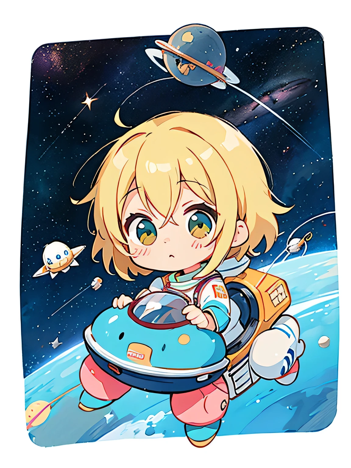 Mika Pikazo style、Kawaii Design, most beautiful girl ever、Chibi, (((Space Explorers)))、Spaceship, Ray firing