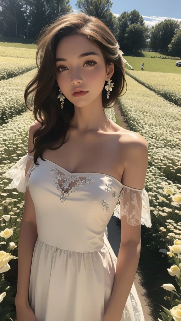 best quality, masterpiece, ultra high resolution, (lifelike:1.4), original photo, 1 girl, white dress, Off the shoulders, flower field, glowing skin, faint smile