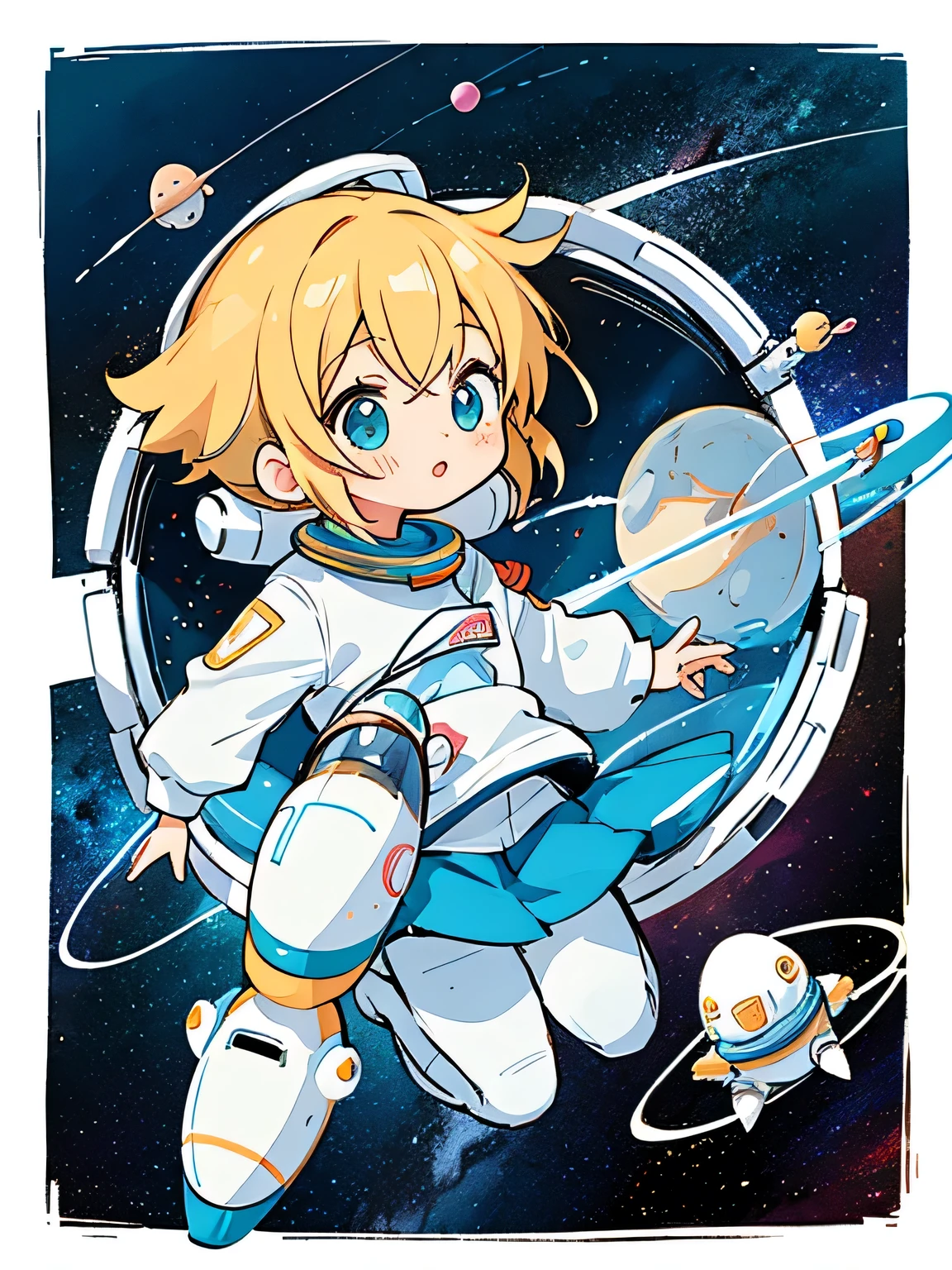 Mika Pikazo style、Kawaii Design, most beautiful girl ever、Chibi, (((Space Explorers)))、Spaceship, Ray firing