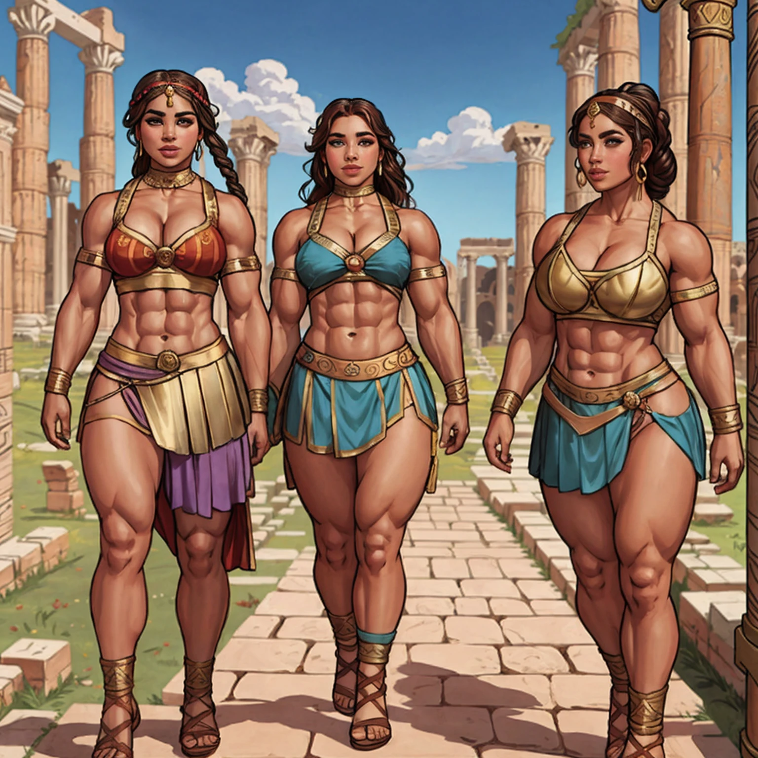 ancient rome, roman villa background, group of young girls, female gladiators, young, teens, muscular, athletic, buff, attractive, curvy, powerful, varied ethnicities, 