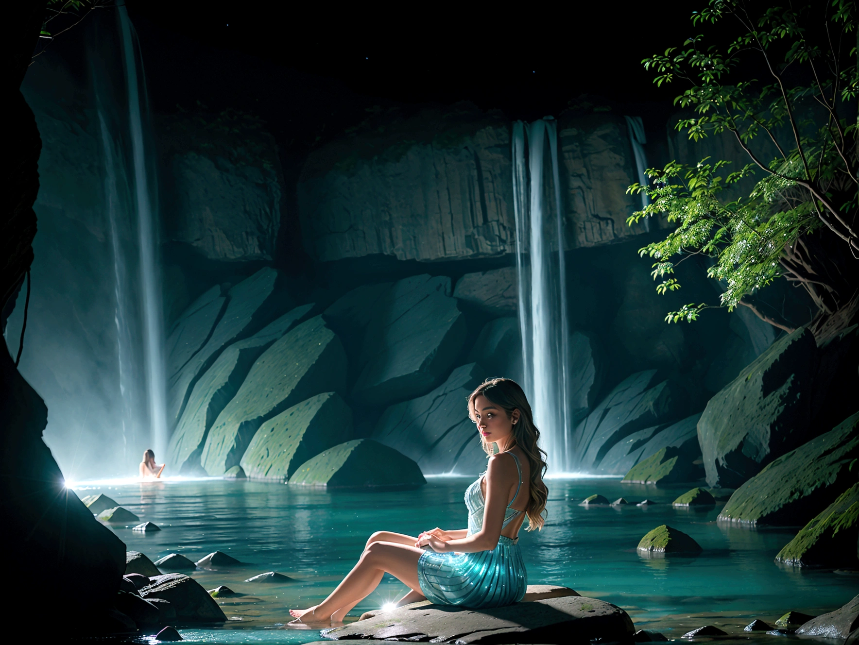 shot by Sony a7 IV Mirrorless Camera, natural light, analog film photo, Kodachrome ,in a magical crystal world , a woman is sitting near a waterfall on a full moon night , sparkling and glittering glowing particles in the air , soft bluish glow
