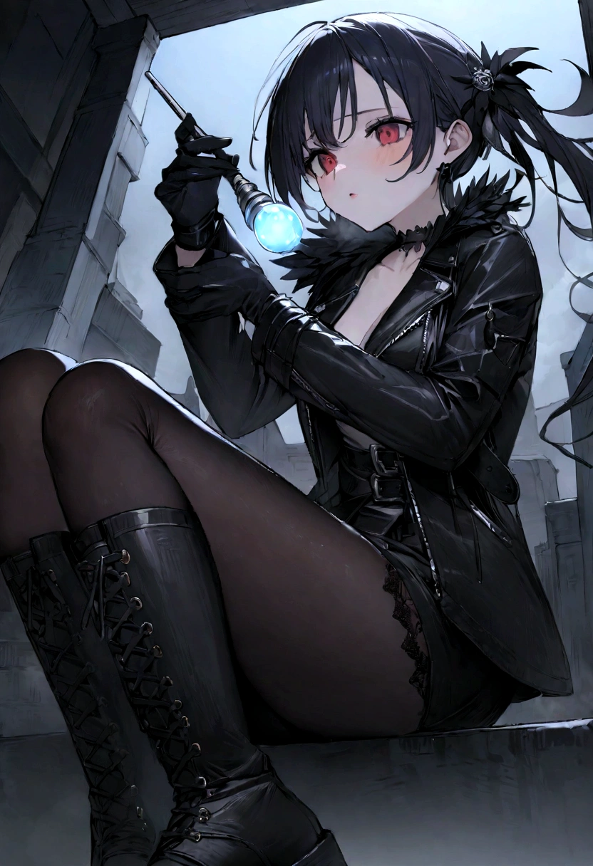 The spooky castle has a dark loli、A pair of bright and deep、Mysterious big eyes,The eyes reveal an invincible temperament。 ccurateblack hair:Her hair is jet black,Can be trimmed into short curls or fluffy curls, Wearing some peculiar hair accessories,If there is a bat-shaped hairpin、Headgear or pins, etc、Wear black or dark purple,to highlight her dark style、Wear a black dress or black long-sleeved top with a dark skirt、There may be some peculiar patterns or tattoos on the clothes,Like skeletons、serpent、cawing ravens, etc、Mysterious and eerie feeling、Wear black high boots or pair them with fishnet socks,Rebellious and solemn atmosphere、Wear a black cape or cape in cold weather、Delicate face、(Extreme Detail CG Unity 8K Wallpapers,tmasterpiece,Highest image quality),(Delicate light and shadow,The picture is highly dramatic,Cinematic lens effect),Girly face