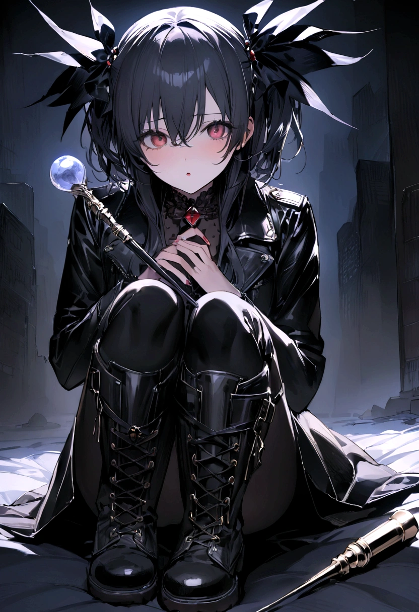 Highest quality,masterpiece,, 『魔法少女まどか☆マギカ』Madoka Kaname、Wearing a black leather jacket and combat boots。, Have a magic wand, And there's a cold look on her face.