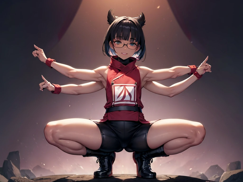 (flat chest), (masterpiece:1.2), highest quality, High resolution, unity 8k wallpaper, (fine and beautiful eyes:1.6), highly detailed face, perfect lighting, Detailed CG, (perfect hands, perfect ???????), (1 boy solo:1.4), 20 years old, (black hair:1.3), extremely beautiful detailfeminine face and eyes, (evil smile:1.4), detailed eyes, best quality,(very dark skin:1.8), (turtleneck shirt under yukata:1.2), (bike shorts:1.2), extremely detailed, very precise detailed, (glasses:1.3), blunt bangs, open mouth, (very short pixie cut:1.2), boots,(fingerless gloves:1.2), smile, half closed eyes,long sidelocks,(long red Scarf),(yukata),(squatting),(acrobat pose:1.3),(squat:1.3),(one knee dwon:1.5),(put one foot in front:1.3) ,(index fingers up:1.7),(own hands clasped:1.7),  spread legs,(elbow up:1.3),(4 arms:1.8)