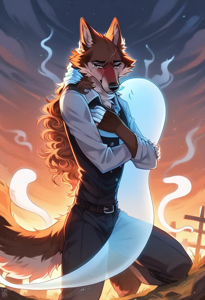 score_9, score_8_up, score_7_up, fox, anthro, female, dark brown fur, chocolate fur, long hair, curly hair, graveyard, tombstones, city, sunset, kneeing, spread_legs, wind, dynamic lighting, beautiful, dressed, serene, sad, crying, hugging, embracing, ((wolf, anthro, male, trasparant fur, ghost, transparent, dressed:1.35)), scars, love, loss, heartbreak