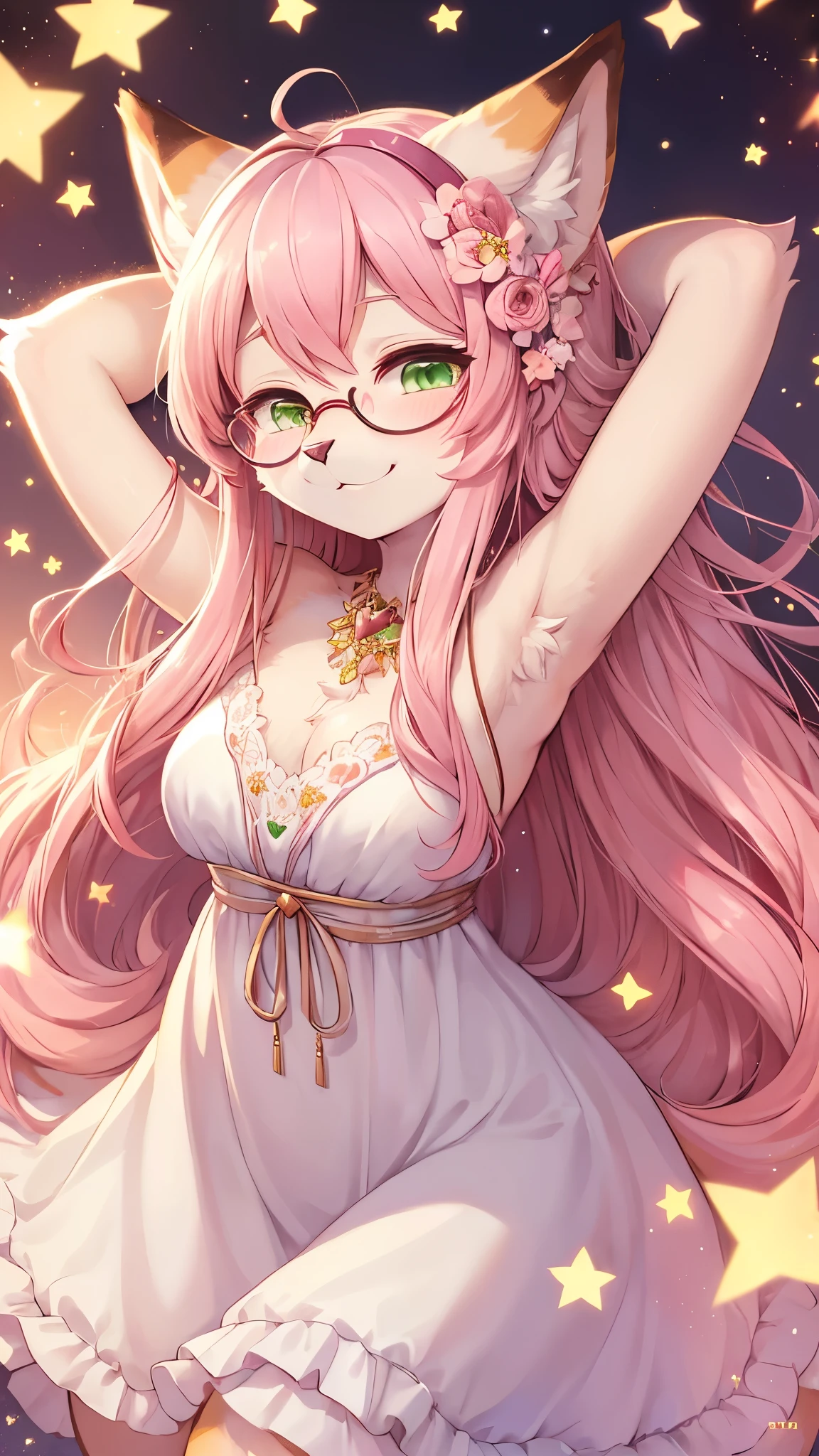 rabbit girl,yellow long hair,wavy hair,nude,pubic fur,neck fur,armpits fur,glittering armpits,heart eye,night,light and shadow,sparkling background,star earring,flower hairpin,glasses,looking at viewer,smile,blush,legs in water,wet body,wet legs