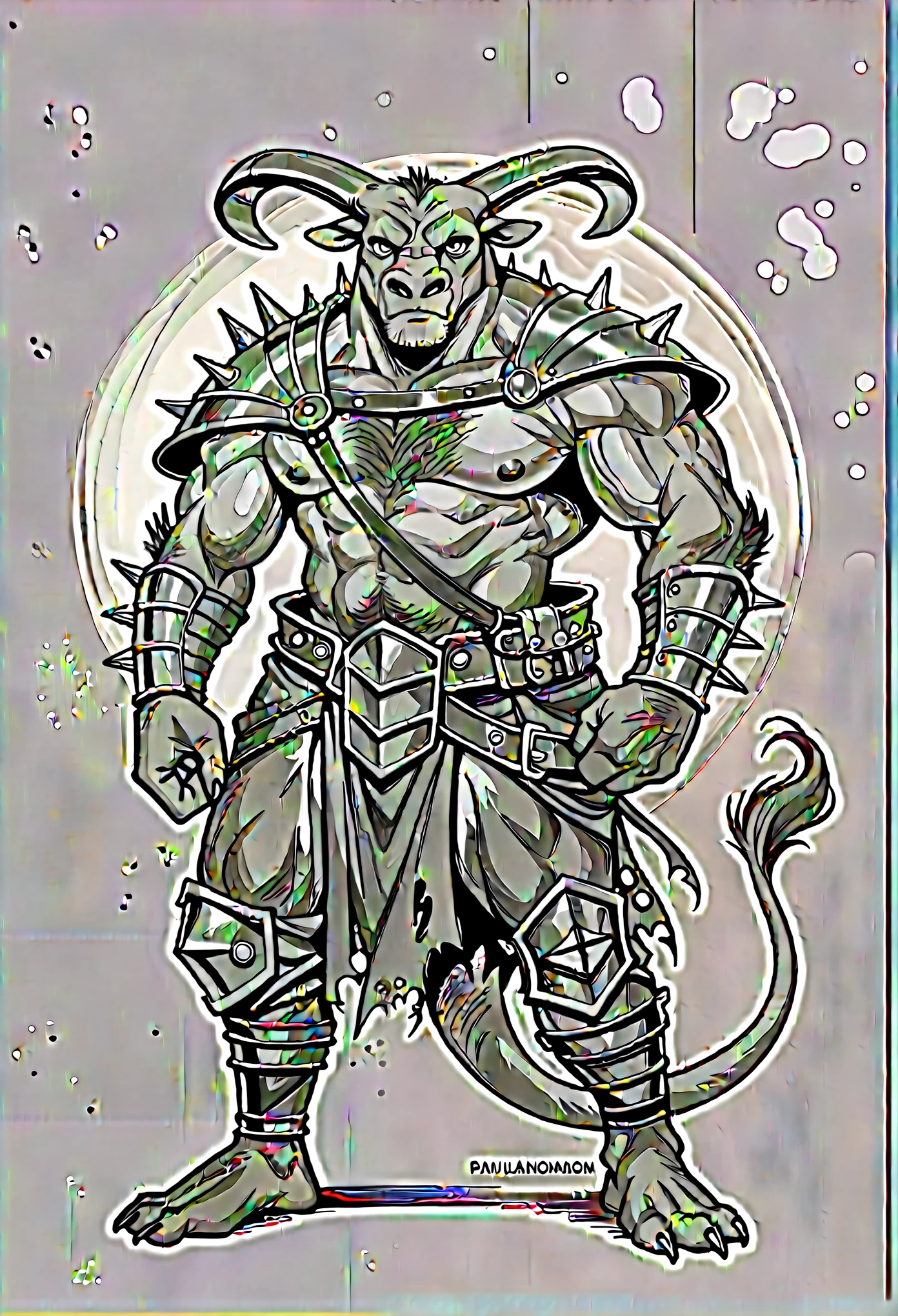 anthropomorphic bull,adventurer outfit,leather armor,vambraces,pauldrons,adventurer's backpack,horns,determined expression,muscular build,dramatic lighting,muted color palette,chiaroscuro lighting,cinematic composition,award-winning digital painting,masterpiece,photorealistic,highly detailed,ultra-detailed, body hair, colored