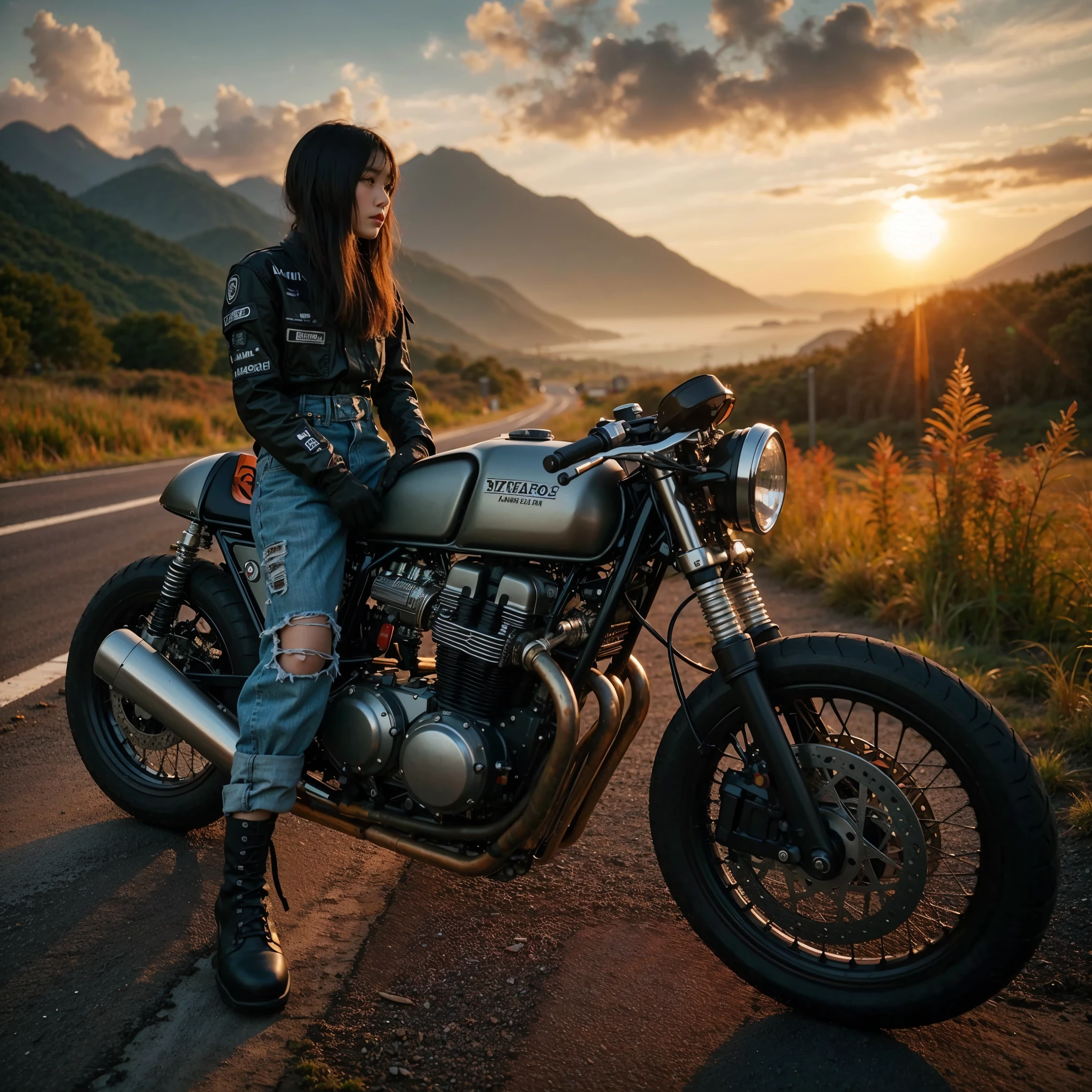 2024s, Neo Cafe Racer, YAMAHA, SR400, beautiful bike, Japanese female, riders wear, beautiful face, torn pants, very intricate details, clean paint job, single road in wilderness, Detail up like a magnifique AI, realistic photo, takenwith Fuji film X-T30+Nokton. HDR10