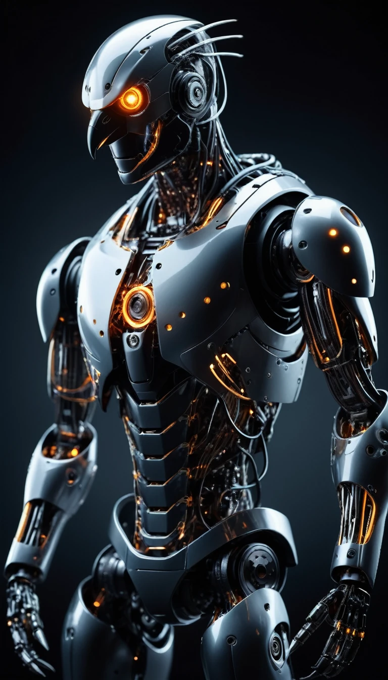 Translucent movie stills (Cybernetic robot crow:1.5), (Glowing Veins:1.3) (The cable enters the body, circuit:1.3), Very detailed, Vignette, Very detailed, High budget, Bokeh, Sulky, amazing, nice, Film Grain, granular