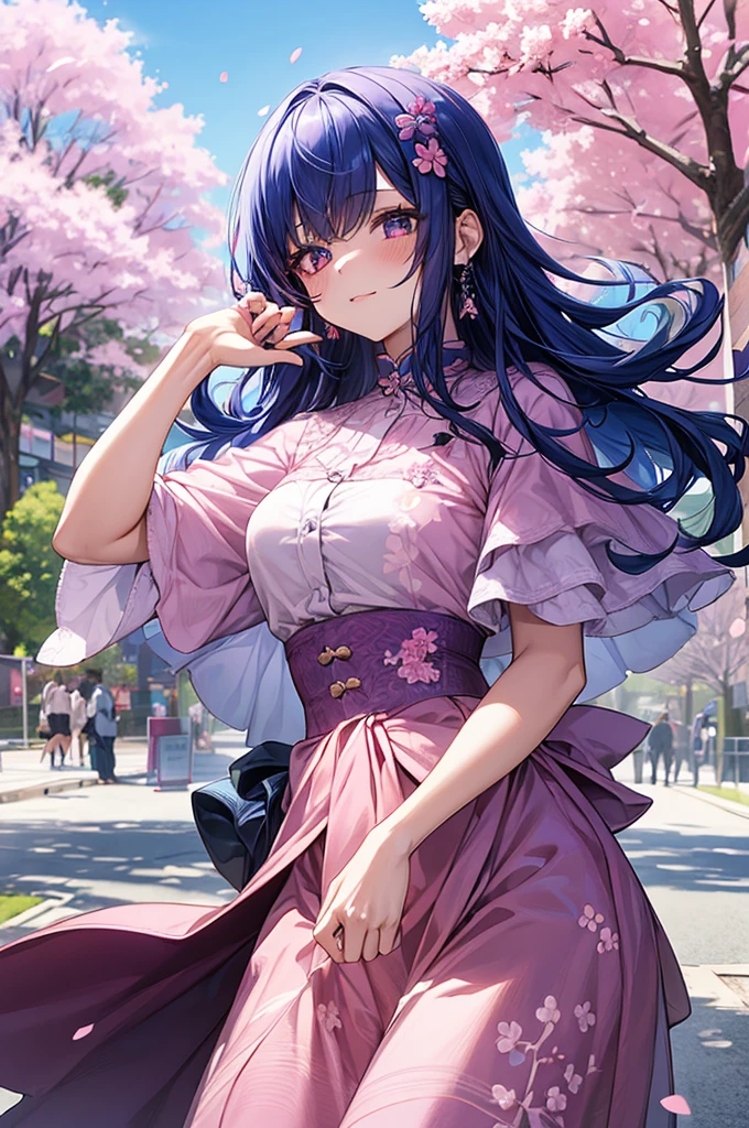 1girl, holding up a sapphire blue flower over her mouth, black pink hair ombre, park with cherry blossom background, harajuku style fashion, waist up