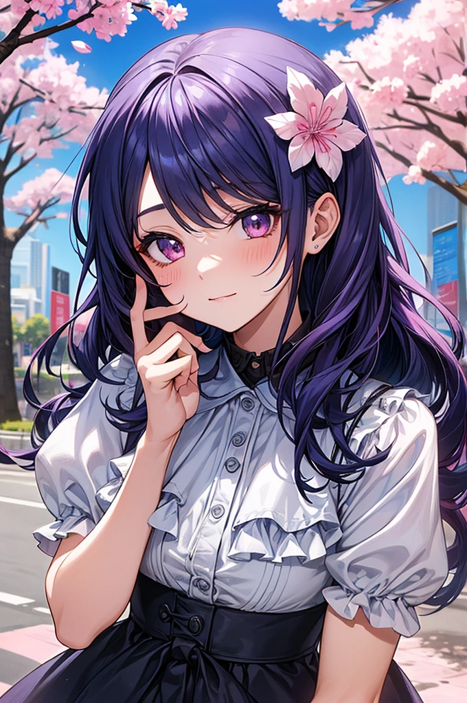 1girl, holding up a sapphire blue flower over her mouth, black pink hair ombre, park with cherry blossom background, harajuku style fashion, waist up