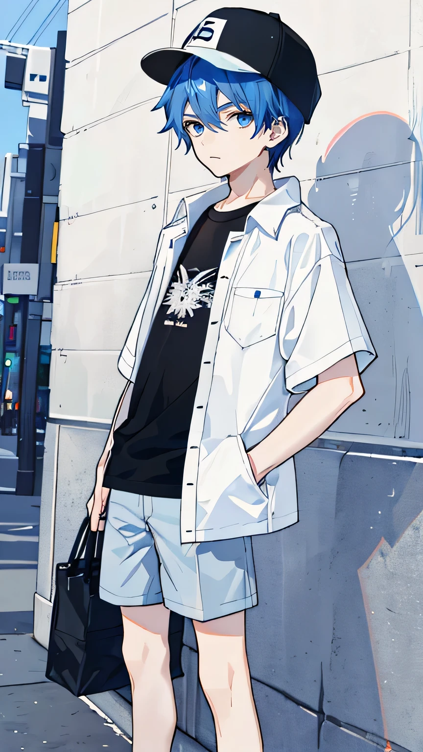 1 boy, blue hair, blue eyes, whole body, wear a bag, black short sleeve tee, white outerwear, Black hat, University Background