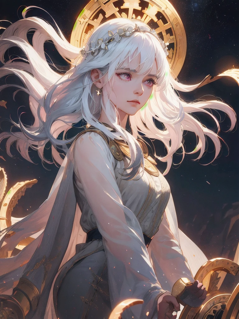 (absurdres, highres, ultra detailed), 1woman, mature female, aged up, wavy long hair, white hair, pink eyes, bangs, long sleeves, finely detailed eyes and detailed face, extremely detailed CG unity 8k wallpaper, intricate details, looking down, solo, half shot, detailed face, stoic expression, dynamic pose, flowing hair, classical era, (ancient roman theme:1.1), roman mythology, Roman empire, Capua, ancient vineyard, oracle, cape, iron accessories, ancient theme, (flourishing civilization:1.1), pristine white marble, (intact:1.1) marble buildings, hills in background, brazier, burning embers, night, darkness, stars, aura of light, majestic atmosphere, floating stone particles,, portrait, wind swirling