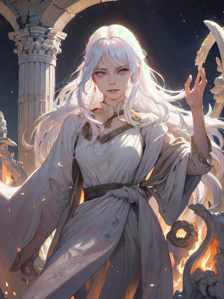 (absurdres, highres, ultra detailed), 1woman, mature female, aged up, wavy long hair, white hair, pink eyes, bangs, long sleeves, finely detailed eyes and detailed face, extremely detailed CG unity 8k wallpaper, intricate details,  looking down, solo, half shot, detailed face, stoic expression, dynamic pose, flowing hair, classical era, (ancient roman theme:1.1), roman mythology,  Roman empire,  Capua, ancient vineyard, oracle,  cape,  iron accessories, ancient theme, (flourishing civilization:1.1), pristine white marble, (intact:1.1) marble buildings,  hills in background, brazier, burning embers, night, darkness, stars, aura of light, majestic atmosphere, floating stone particles,, portrait, wind swirling