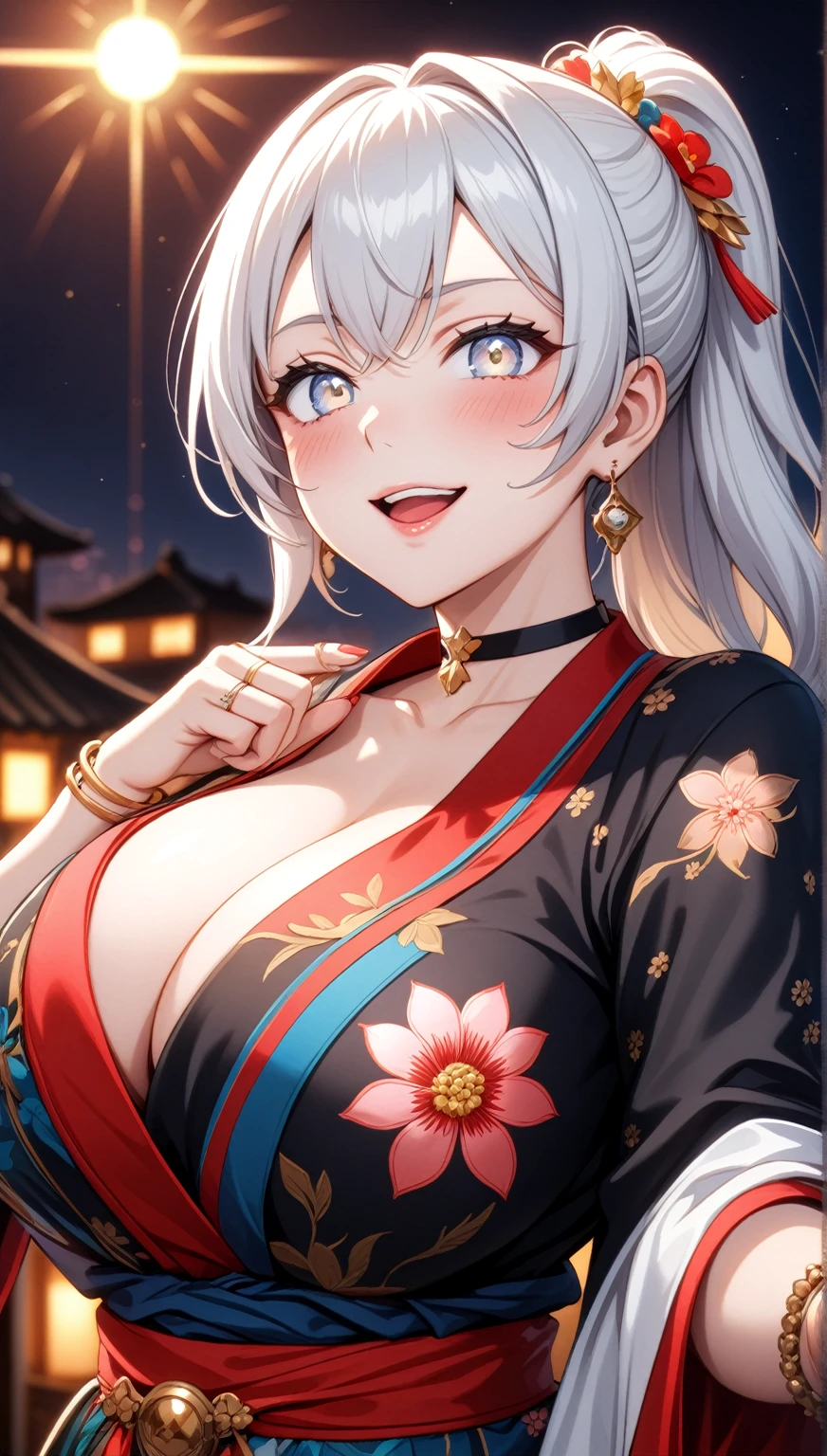 ((One personの女性)), Beautiful Face,Laughing embarrassedly,((Wink:1.5)),Laugh with your mouth wide open((Bright red cheeks:1.4)),Shiny red lips,night,rooftop,Festive decorations,You can see the ocean, firework,Laughing with your mouth open,Glossy pink lips,Lighting on the face,((Anime style background)),masterpiece, Highest quality, so beautiful,Latest, Complex details, (Pink long nails),(ring),(bracelet),(choker),AI-generated, Complex,High resolution, Highest quality, super high quality,3D Images、View your viewers、3D Images,One person,Long white hair,High Ponytail,(blue eyes),Anime woman posing for a photo, ((Fine grain、Silvery white colorful eyes、Shining Eyes:1.4)),(Squint your eyes:1.1),a hyperRealistic , hyperRealistic , Realistic,Anime woman with long and white hair, Smooth anime CG art, A woman in a colorful kimono with gold embroidery, (Black long sleeve kimono),Red floral pattern,Long flower hair ornament,Big earrings,Mature Body,(Big Breasts:1.1),Tall,Abdominal muscles,Narrow waist,(Zoom in on face:1.7),Shooting from below at an angle