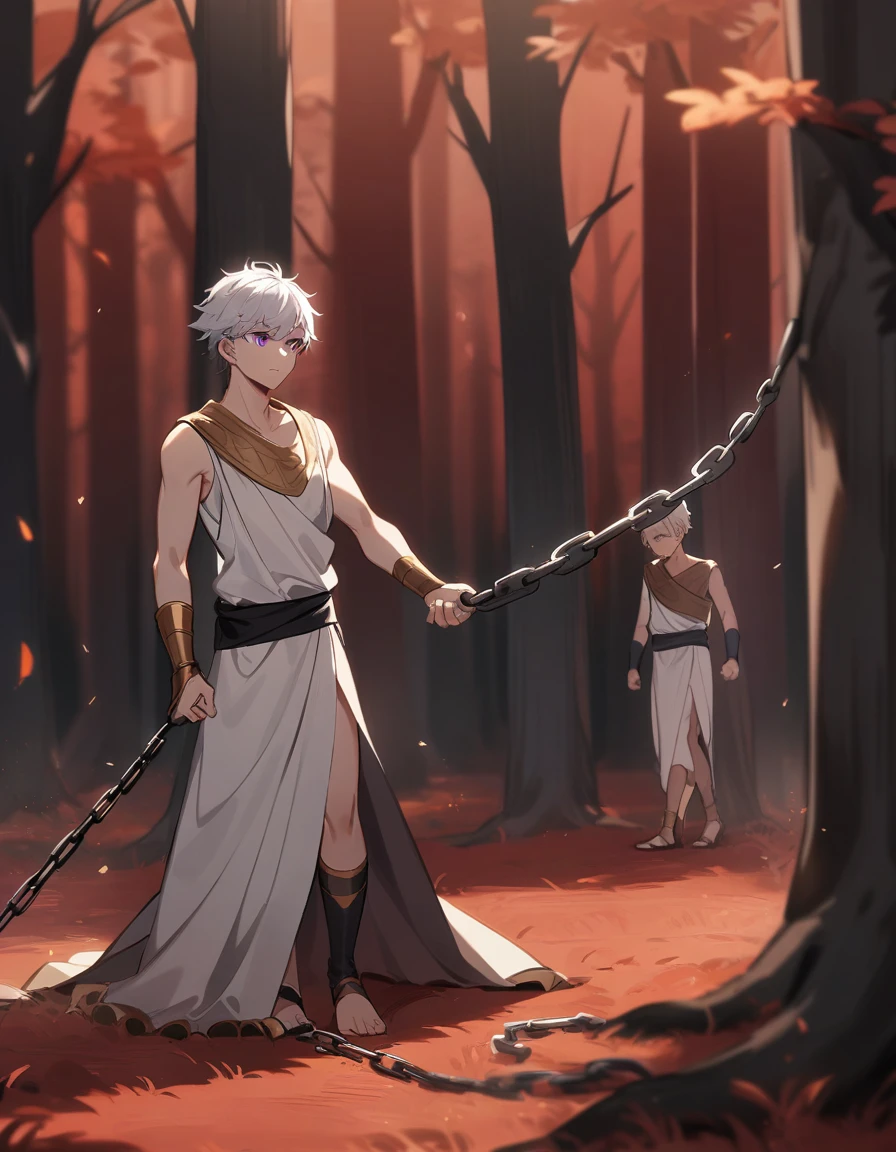  with white hair, violet eyes, in ancient Greek clothes, training exhaustively pulling a big purple one by chains in a red forest and dead trees