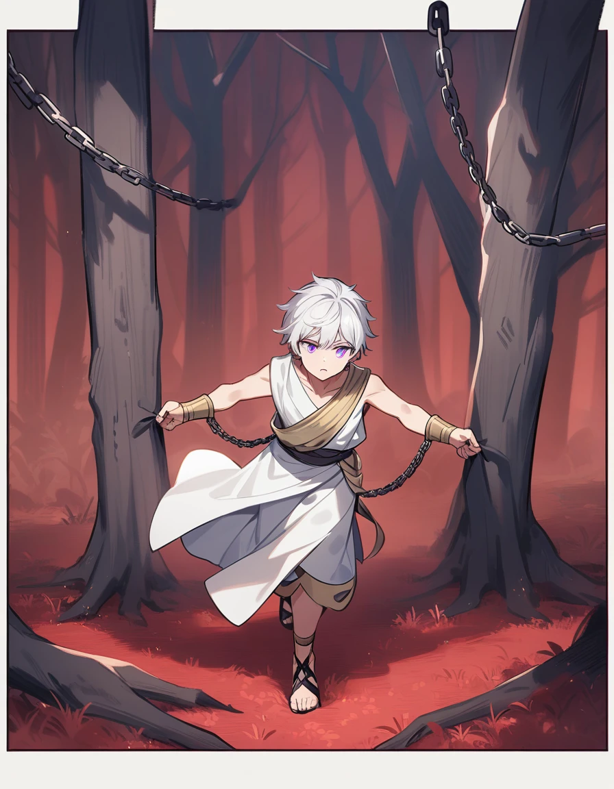 small boy with white hair, violet eyes, in ancient Greek clothes, training exhaustively pulling a big purple one by chains in a red forest and dead trees