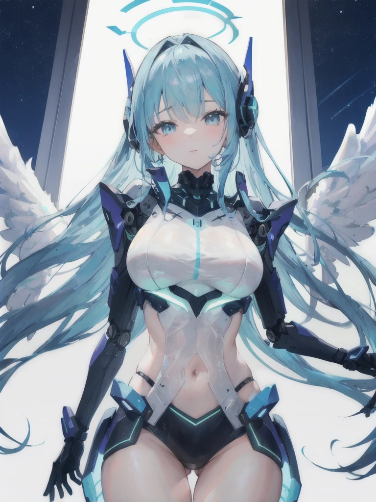 A beautiful detailed angel girl with long flowing blue hair and large blue eyes, sexy, seductive, wearing futuristic crop top body armor, mechanical wings, a black trimmed exoskeleton, flying in a futuristic white city with a clear blue visor covering the eyes, intricate details, perfect anatomy, shadows, depth of field, volumetric light, luminescent mechanical halo, embossing decoration, beautiful night sky, body facing viewer, spreading position,(best quality),(masterpiece:1.2)