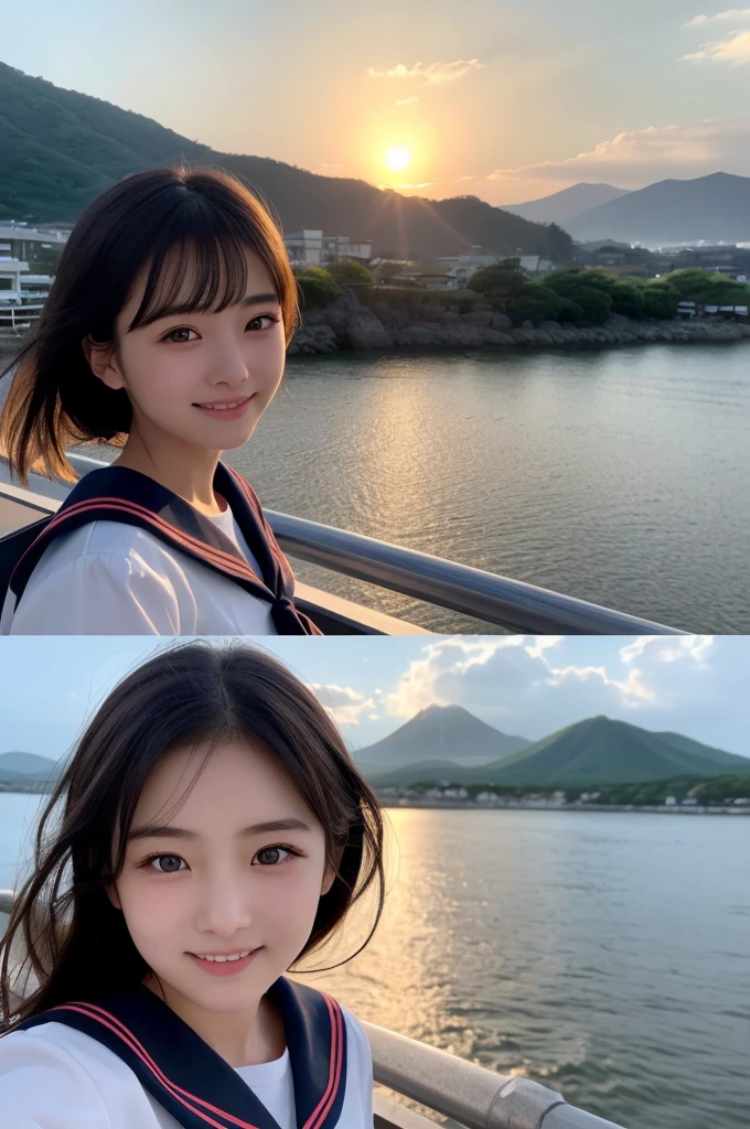 (1 Girl )、(Beautiful Japanese、18years old,round face、Refreshing、clear、seems kind、stylish、Pitiful、cute like an angel、cute、black eyes、,actress,Almond-shaped eyes,Translucent white skin、Beautiful skin), {(Japan human face:1.4)} , (((Beautiful breasts:0.4))),(((soft breasts))),(very cute),(Black hair),(enchanting eyes),(highlight on eyes:1.2)、(8K、Live shooting、highest quality、masterpiece:1.2、optimal lighting)、((masterpiece)),(Photo taken by a professional photographer),(real、photo real:1.4),break,{(cute Japanese high school sailor uniform),((traditional Sailor Suit:1.0))},(cheeks are red:1.3), break, break,Face shot:1.3、 face close-up,Looking at viewer,happy,Little smile,evening、Japanese countryside,evening、sunset、、cumulonimbus,Coastal road,A fresh breeze、Hair swaying in the wind,Sunset