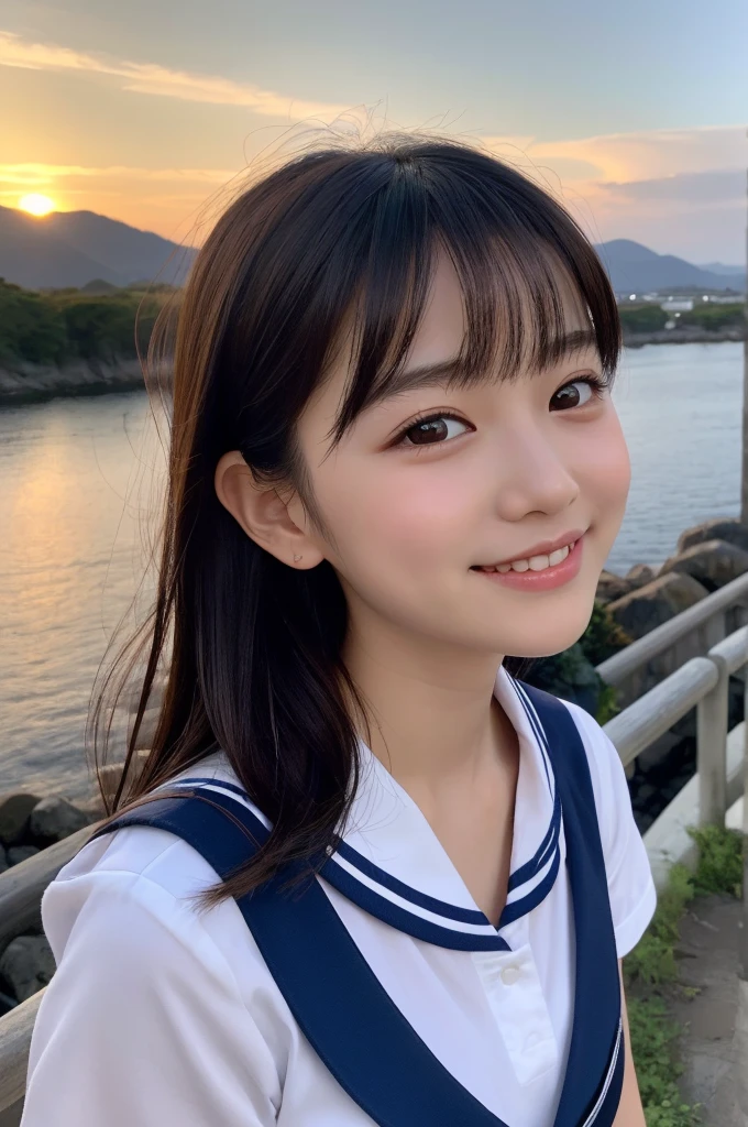 (1 Girl )、(Beautiful Japanese、18years old,round face、Refreshing、clear、seems kind、stylish、Pitiful、cute like an angel、cute、black eyes、,actress,Almond-shaped eyes,Translucent white skin、Beautiful skin), {(Japan human face:1.4)} , (((Beautiful breasts:0.4))),(((soft breasts))),(very cute),(Black hair),(enchanting eyes),(highlight on eyes:1.2)、(8K、Live shooting、highest quality、masterpiece:1.2、optimal lighting)、((masterpiece)),(Photo taken by a professional photographer),(real、photo real:1.4),break,{(cute Japanese high school sailor uniform),((traditional Sailor Suit:1.0))},(cheeks are red:1.3), break, break,Face shot:1.3、 face close-up,Looking at viewer,happy,Little smile,evening、Japanese countryside,evening、sunset、、cumulonimbus,Coastal road,A fresh breeze、Hair swaying in the wind,Sunset