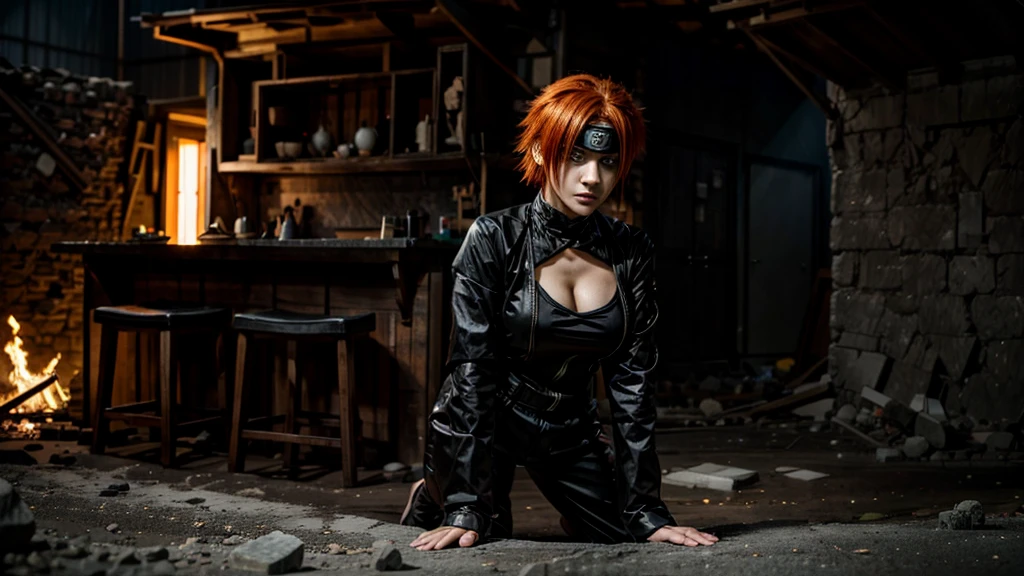 anime role play with orange hair and a black outfit posing for a picture, anime role play, pain From Naruto, role play photo, role player, professional role play, The Joker as Naruto, Ichigo kurosaki, role play, hot topic Comic-Con, Anime Characters; Full body art, Ichigo, From Naruto, full-role play, Comic-Con, Anime Characters, Badass Pose,The environment has stones,There are small stones in the air,Collapsed house with wooden surroundings,Surrounded by ruins,Ultra HD,Hyperrealism
