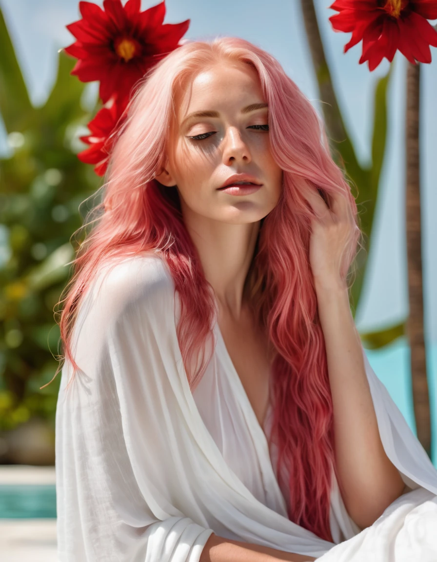 beautiful woman with long pink hair wearing( a white blanket blouse), with a red flower in front of her covering one eye and part of her face, natural sunlight,sitting in outside the pool of Maldives , light colors, in the style of ultrafine detail, high-quality photo,far away shot