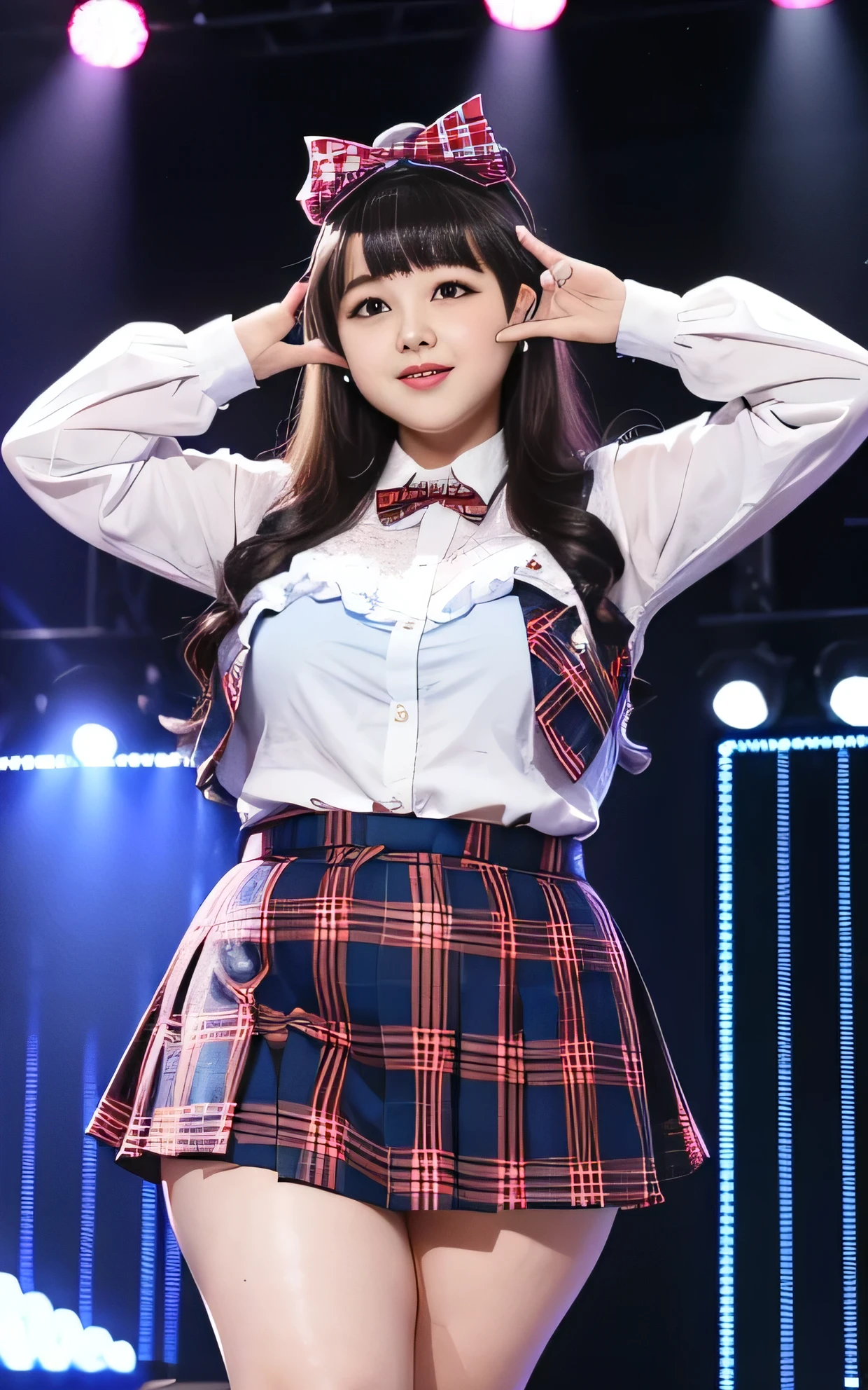 ((8K)), highest quality, 超High resolution, (Surreal)、(High resolution), 1 girl, idol, ((sykblue plaid idol costume)), Overweight, extremely fat, ((Chubby)), stage, ((leaning forward))