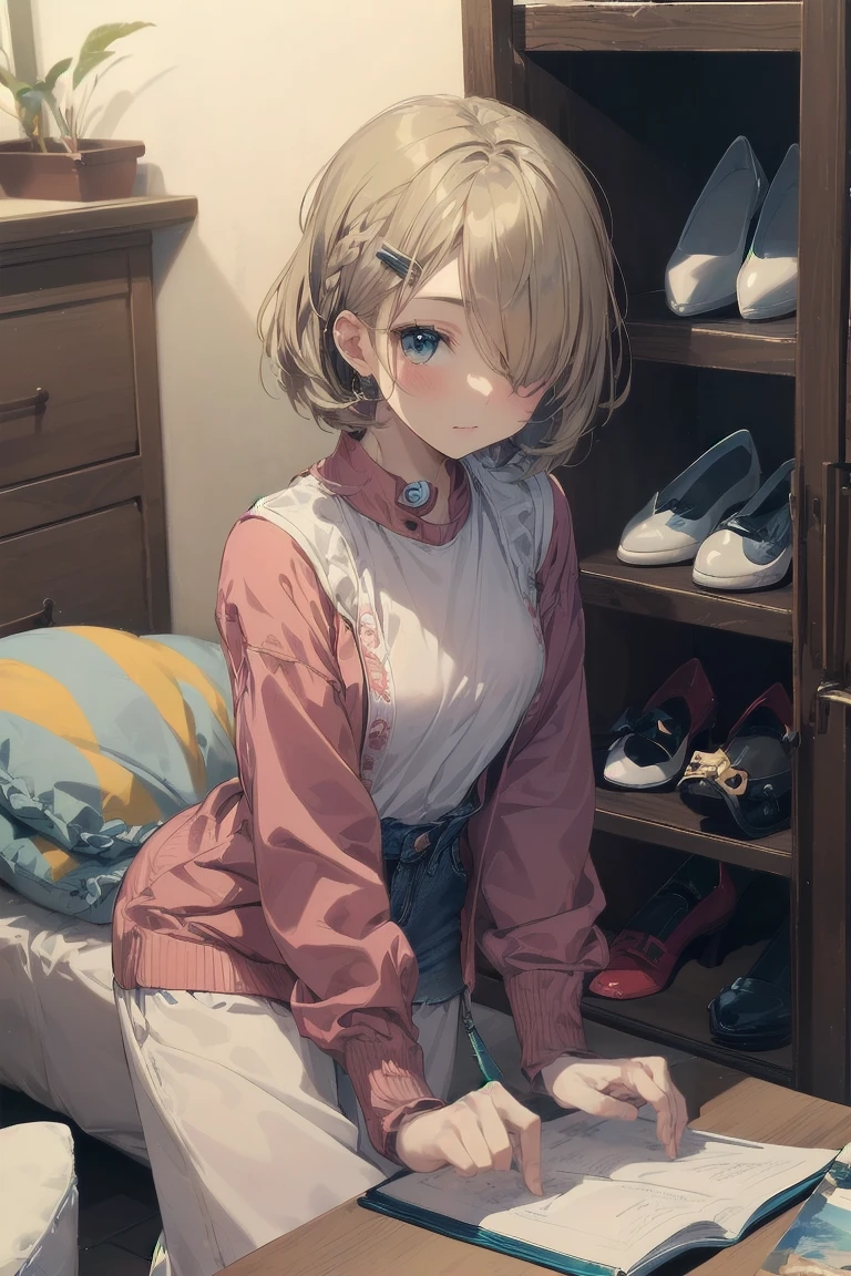 Highest quality, anime，Moe，Art Style，8K Konachan Wallpaper，Perfect Anatomy,,One girl, (13 years old:1.3)，(high school student), short hair, blonde hair, (hair over one eye:1.6)，Complete limbs, Full Finger,Medium chest, pajamas，Small eyes，Detailed eyes，Blue Eyes，Hair Clip，Super detailed,High resolution,Highly detailed skin, Professional Lighting,8k eye detail, (Cute illustrations:1.2), (indoor),(Cute Girl&#39;s Room:1.4),(modern and sophisticated furniture:1.2),(plush velvet chair and ottoman:1.4),(elegant curtains and window treatments:1.2),(Designer fashion:1.4),(Instagrammable fashion photo corner:1.2),(unique framed statement mirror:1.4),
(fashion runway style rug:1.2),(A customized closet filled with trendy clothes:1.2),(gorgeous dressing table:1.2),(fashion magazine:1.2),
(Cute Decoration:1.4),(chic lighting fixtures:1.4),(comfortable and stylish bedding:1.4),(Vanity:1.4),(Specialized area for fashion accessories:1.3),(high end accessories:1.2),(fashion sketch and design book:1.2),(Plenty of storage for shoes and accessories:1.2),