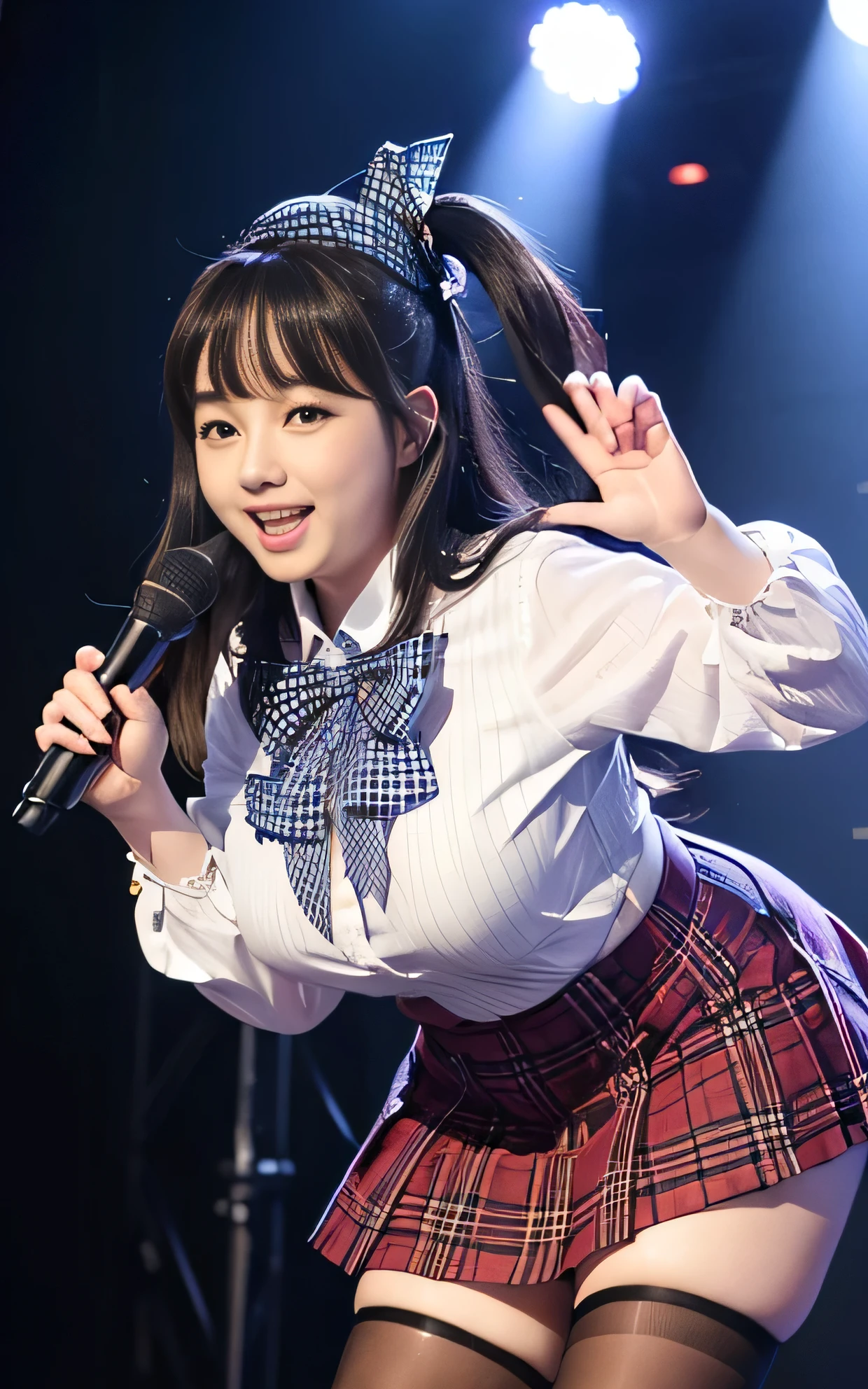 ((8K)), highest quality, 超High resolution, (Surreal)、(High resolution), 1 girl, idol, ((sykblue plaid idol costume)), Overweight, extremely fat, ((Chubby)), stage, ((leaning forward))