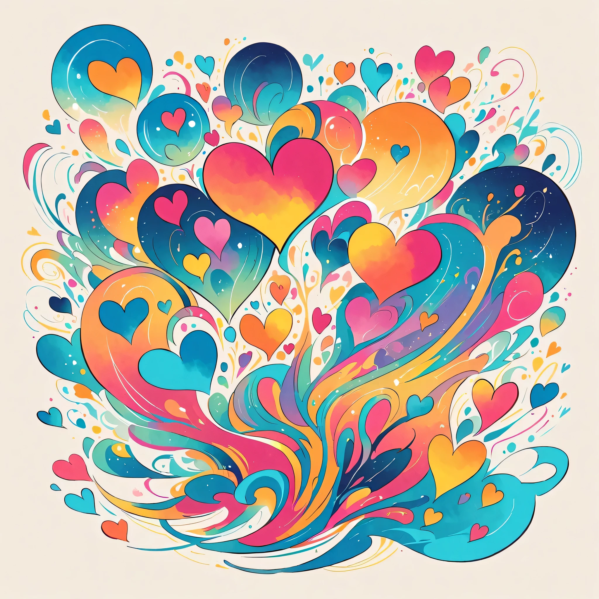 Mika Pikazo style, Simple Line Initialism,Abstract art,Urban Background, colorful hearts ,No people