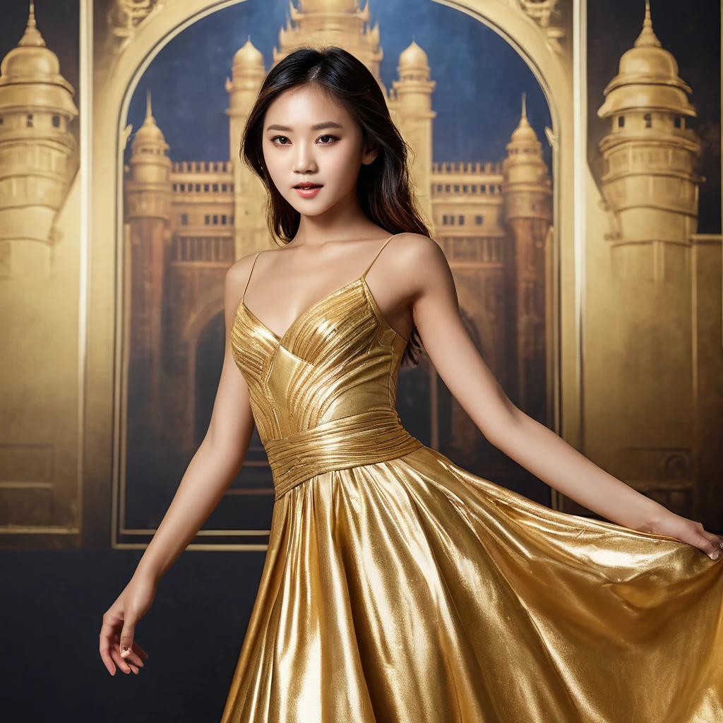 Ultra vision、Palace of Gold, professional photographgraphy style, Ultra Sharp, Perfect composition, Perfect focus, 72K Ultra Resolution, photograph, Cinematic, Poster、A 15-year-old girl in a gorgeous golden dress、