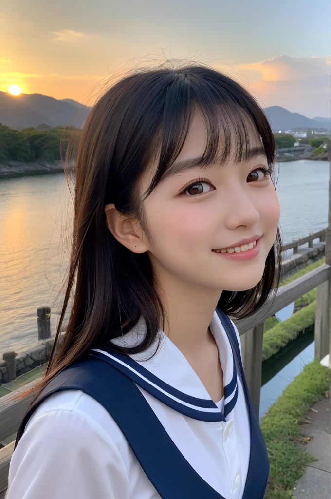 (1 Girl )、(Beautiful Japanese、18years old,round face、Refreshing、clear、seems kind、stylish、Pitiful、cute like an angel、cute、black eyes、,actress,Almond-shaped eyes,Translucent white skin、Beautiful skin), {(Japan human face:1.4)} , (((Beautiful breasts:0.4))),(((soft breasts))),(very cute),(Black hair),(enchanting eyes),(highlight on eyes:1.2)、(8K、Live shooting、highest quality、masterpiece:1.2、optimal lighting)、((masterpiece)),(Photo taken by a professional photographer),(real、photo real:1.4),break,{(cute Japanese high school sailor uniform),((traditional Sailor Suit:1.0))},(cheeks are red:1.3), break, break,Face shot:1.3、 face close-up,Looking at viewer,happy,Little smile,evening、Japanese countryside,evening、sunset、、cumulonimbus,Coastal road,A fresh breeze、Hair swaying in the wind,Sunset,profile