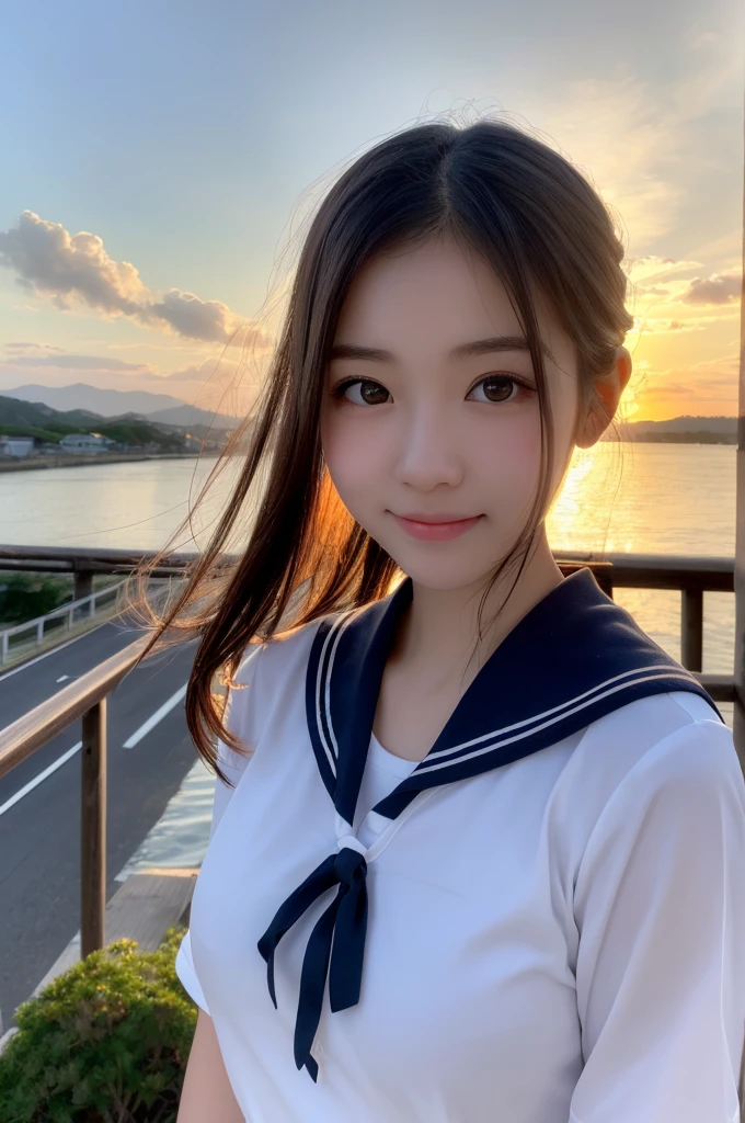 (1 Girl )、(Beautiful Japanese、18years old,round face、Refreshing、clear、seems kind、stylish、Pitiful、cute like an angel、cute、black eyes、,actress,Almond-shaped eyes,Translucent white skin、Beautiful skin), {(Japan human face:1.4)} , (((Beautiful breasts:0.4))),(((soft breasts))),(very cute),(Black hair),(enchanting eyes),(highlight on eyes:1.2)、(8K、Live shooting、highest quality、masterpiece:1.2、optimal lighting)、((masterpiece)),(Photo taken by a professional photographer),(real、photo real:1.4),break,{(cute Japanese high school sailor uniform),((traditional Sailor Suit:1.0))},(cheeks are red:1.3), break, break,Face shot:1.3、 face close-up,Looking at viewer,happy,Little smile,evening、Japanese countryside,evening、sunset、、cumulonimbus,Coastal road,A fresh breeze、Hair swaying in the wind,Sunset,profile