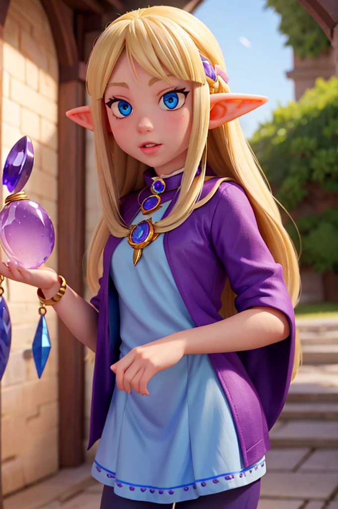 
a blonde girl with long hair, sparkling blue eyes and elf ears holds a necklace with a large magical amulet sparkling with purple color around her neck