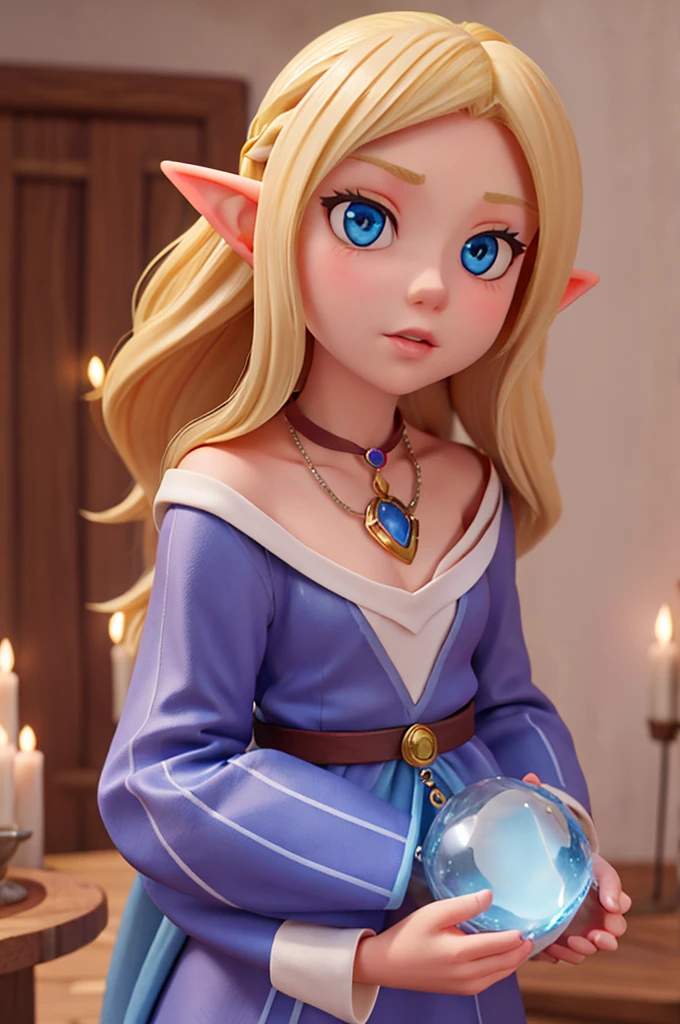 
a blonde girl with long hair, sparkling blue eyes and elf ears holds a necklace with a large magical amulet sparkling with purple color around her neck