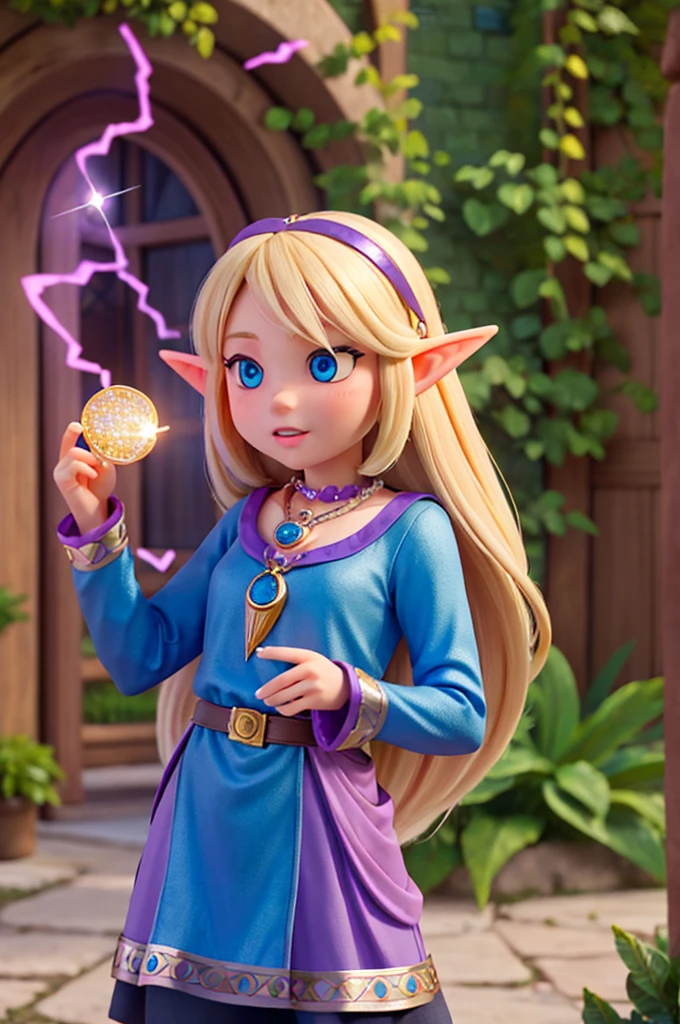 a blonde girl with long hair, sparkling blue eyes and elf ears holds a necklace with a large magical amulet sparkling with purple color around her neck