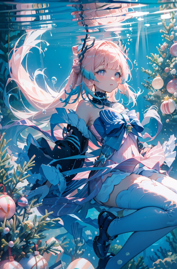 1 girl solo, long pink hair, translucent clothes, big blue bow on her chest, long wide sleeves, bare shoulders, long white socks, light purple eyes, pastel colors, underwater, (((christmas tree underwater))) ((fullbody)) ((girl swimming underwater))