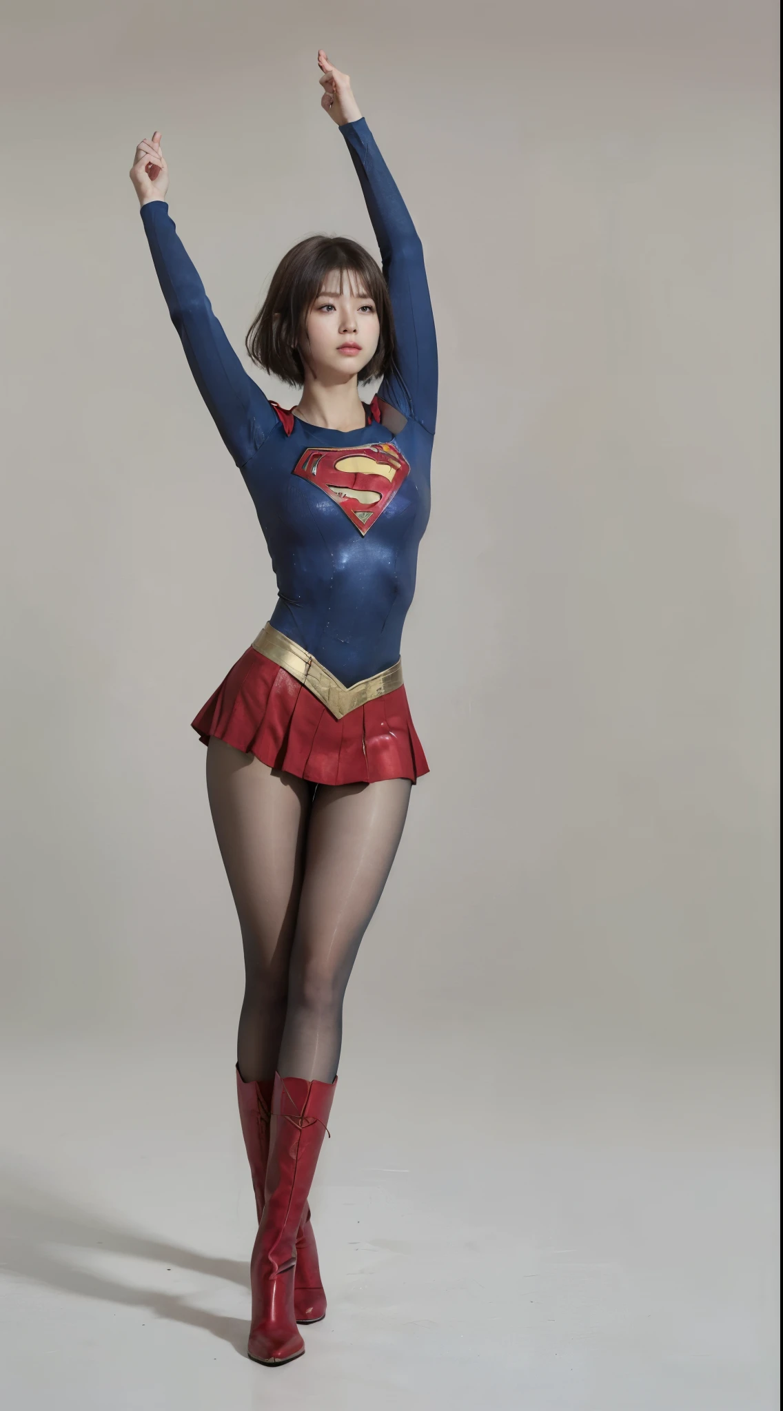 No background、extinct、She always has a troubled look on her face、Always close your eyes、Keep your arms up at all timesおく、Keep your arms up at all times、(((Beautiful legs in black tights.)))、(((Stretch your legs、expensive、あなたのsufferingを合法的に表現する)))、((((Make the most of your original images)))、(((Supergirl Costume)))、(((Short Hair、Beautiful short bob hair)))、(((suffering)))、(((Black tights legs、Wear red boots)))、((Best image quality、8K))、((Highest quality、8K、masterpiece:1.3))、(((Preserve background )))、Sharp focus:1.2、Beautiful woman with perfect figure:1.4、Slim Abs:1.2、Wet body:1.5、Highly detailed face and skin texture、8K